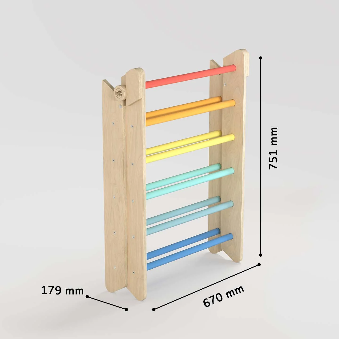 Triangolo di Pikler + tavola bifacciale + Dondolo Montessori in legno