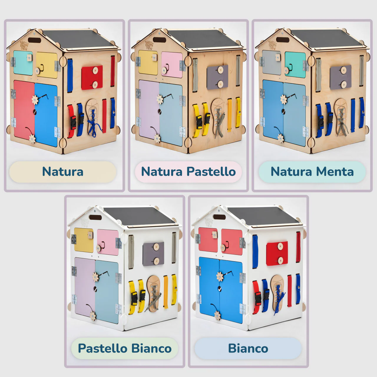 Casetta Montessori in Legno Bianco Pastello e Busy Cube set