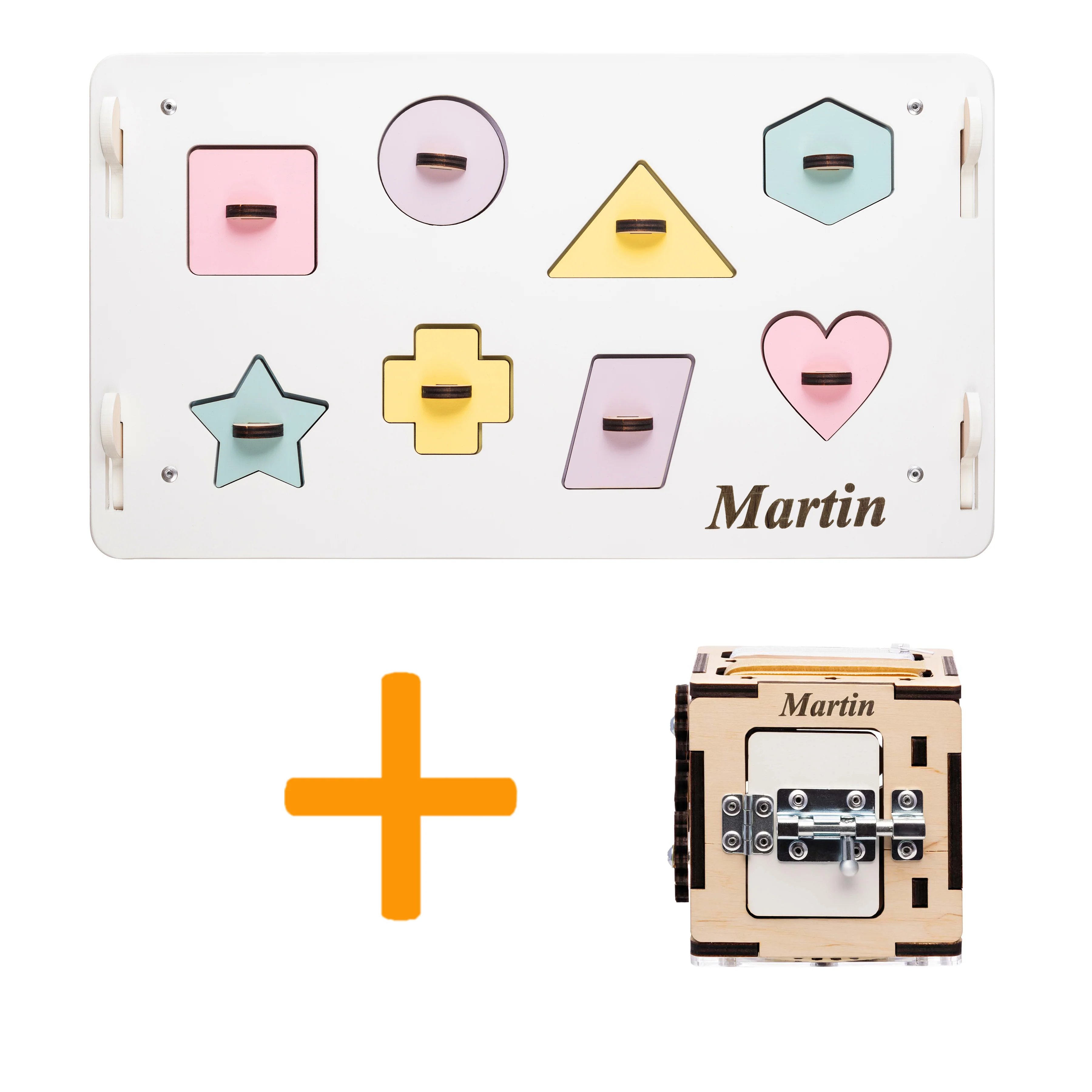 Casetta Montessori in Legno Bianco Pastello e Busy Cube set