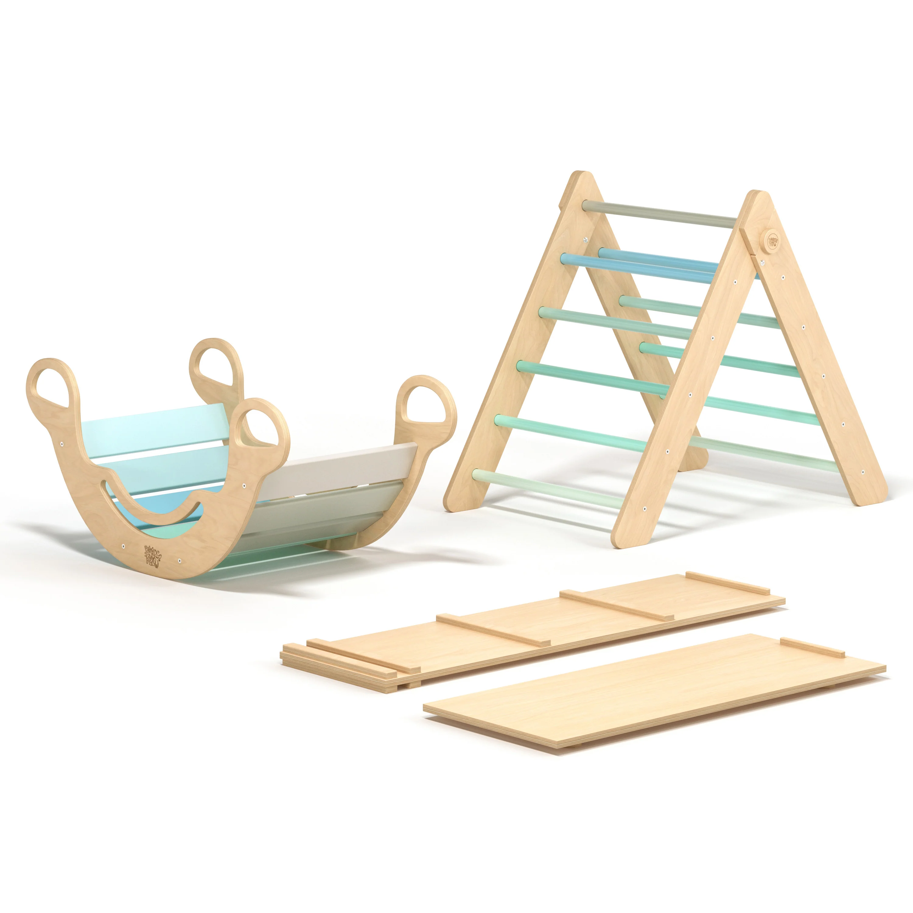 Triangolo di Pikler + 2 tavole bifacciali + Arco Montessori in legno (grande)