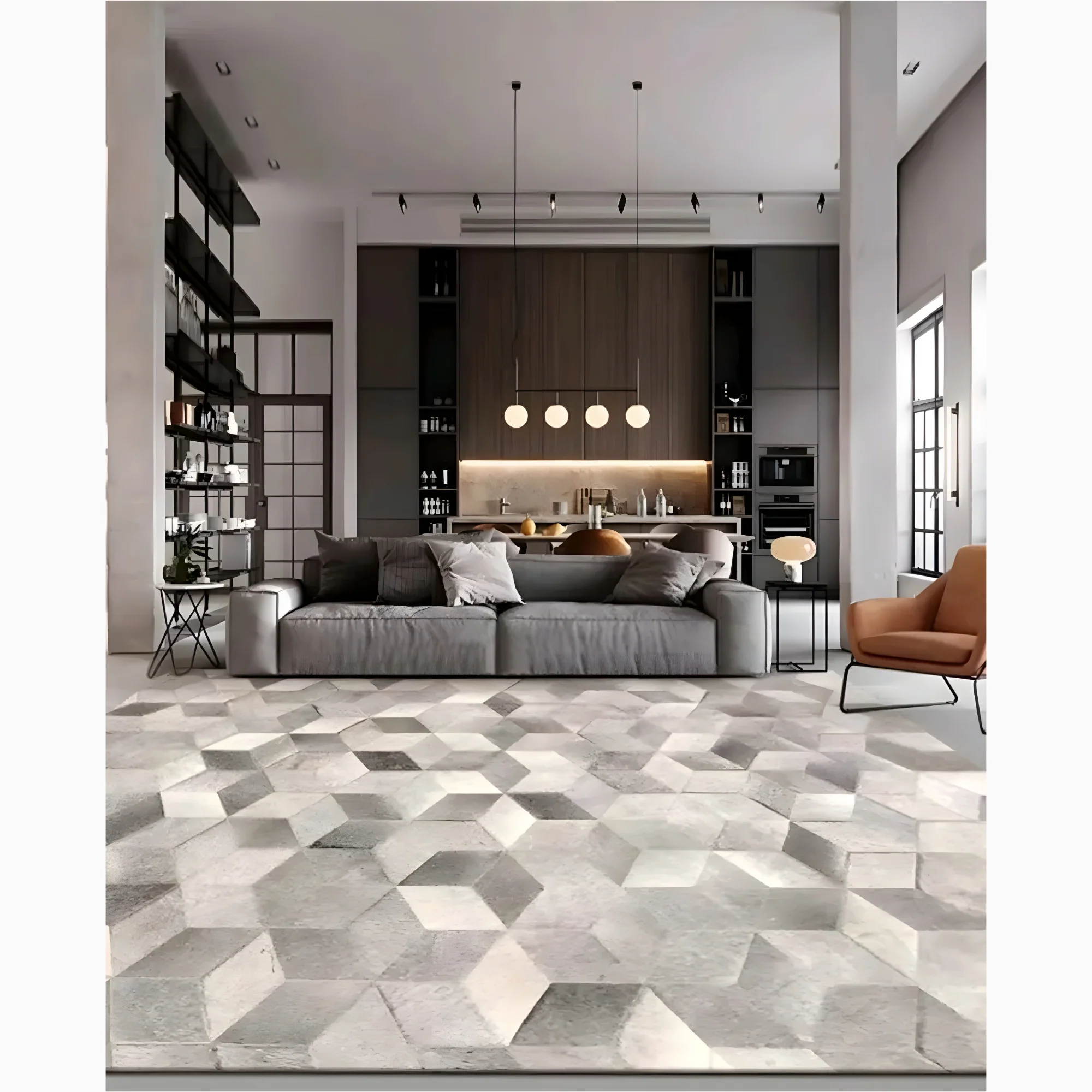 Stylish Grey Cowhide Carpet with Geometric Pattern