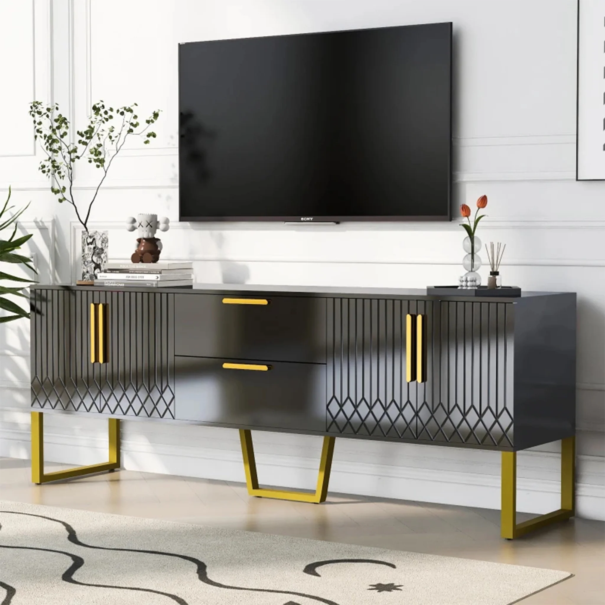 Vah | Elegant Black/White TV Stand with Metal Frame