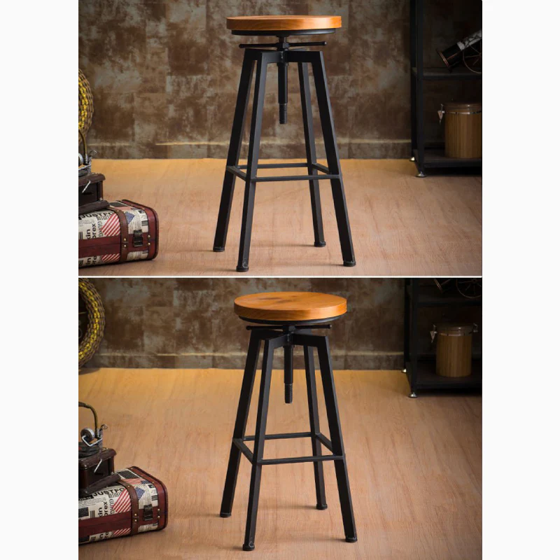 Industrial-Styled Iron Rotating and Lifting Bar Stool Made of Solid Wood