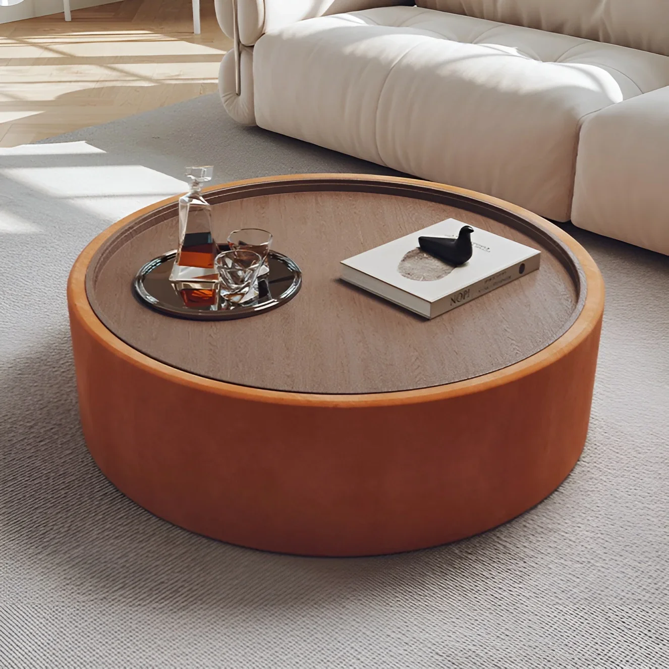 Modern Round Coffee Table with Storage �C Walnut Veneer & Italian Sanded Fabric