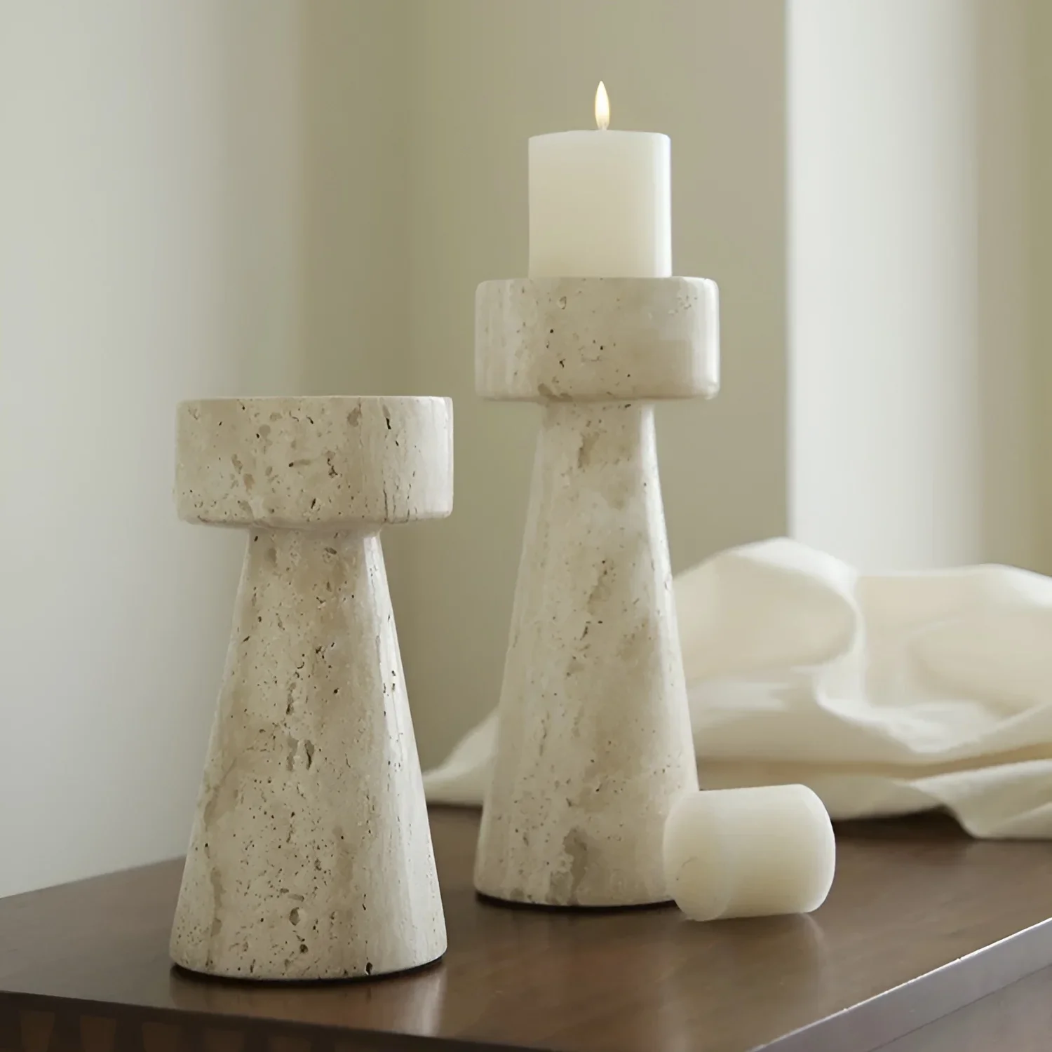 Minimalistic Beige Travertine Stone Candle Holder for Dining Room, Living Room