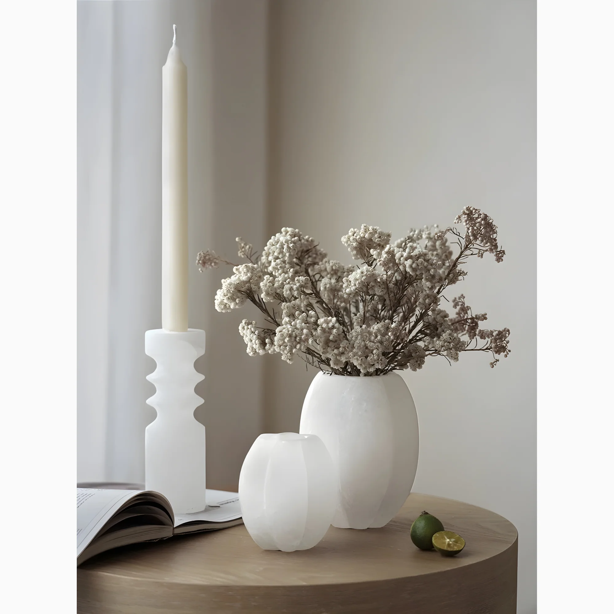 Modern White Onyx Marble Flower Vase and Candle Holder