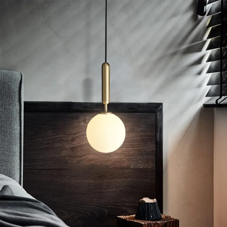 Contemporary Brass Opal Sphere Single-Bulb Glass Hanging Light