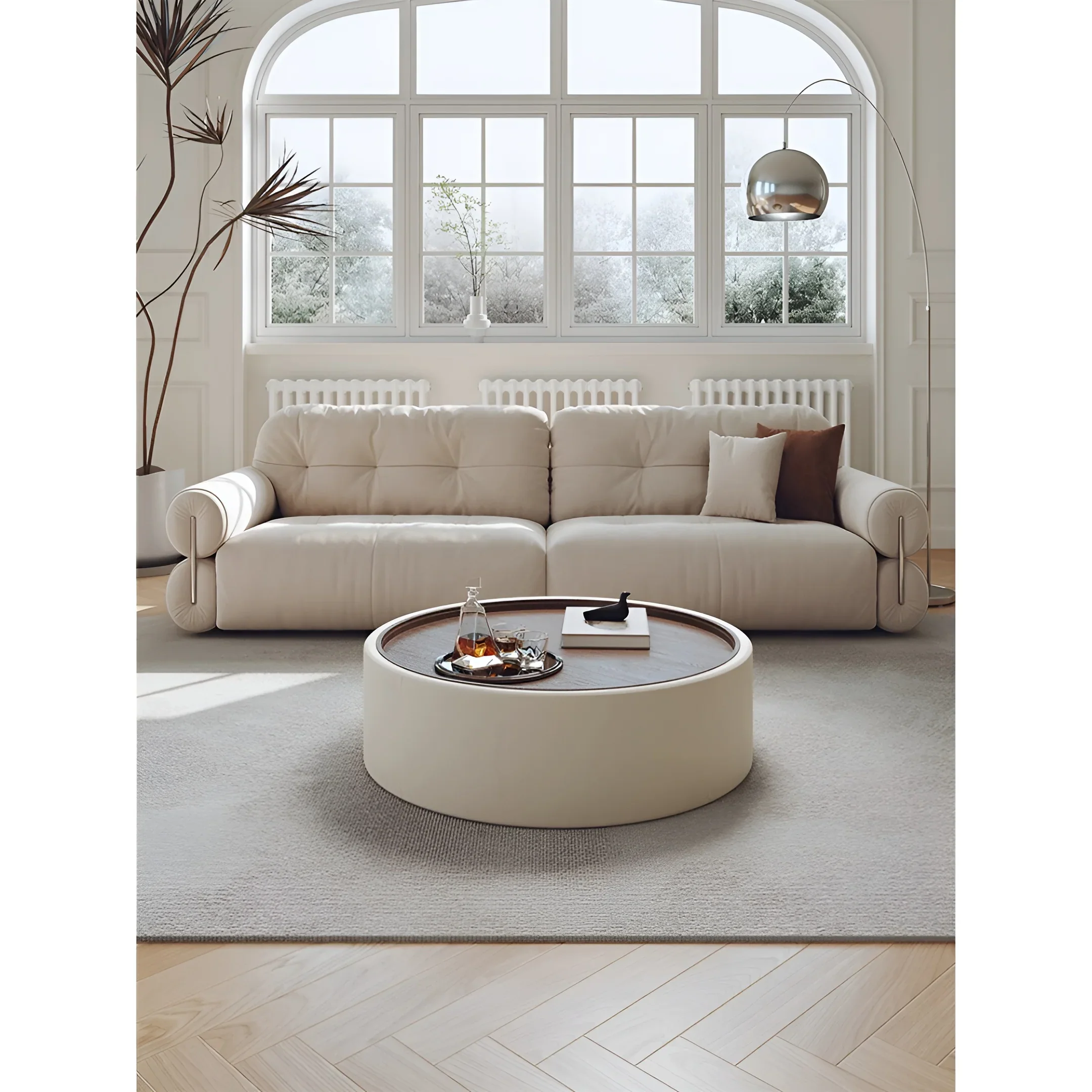 Modern Round Coffee Table with Storage �C Walnut Veneer & Italian Sanded Fabric