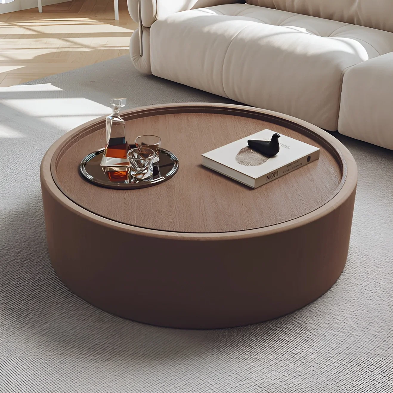Modern Round Coffee Table with Storage �C Walnut Veneer & Italian Sanded Fabric