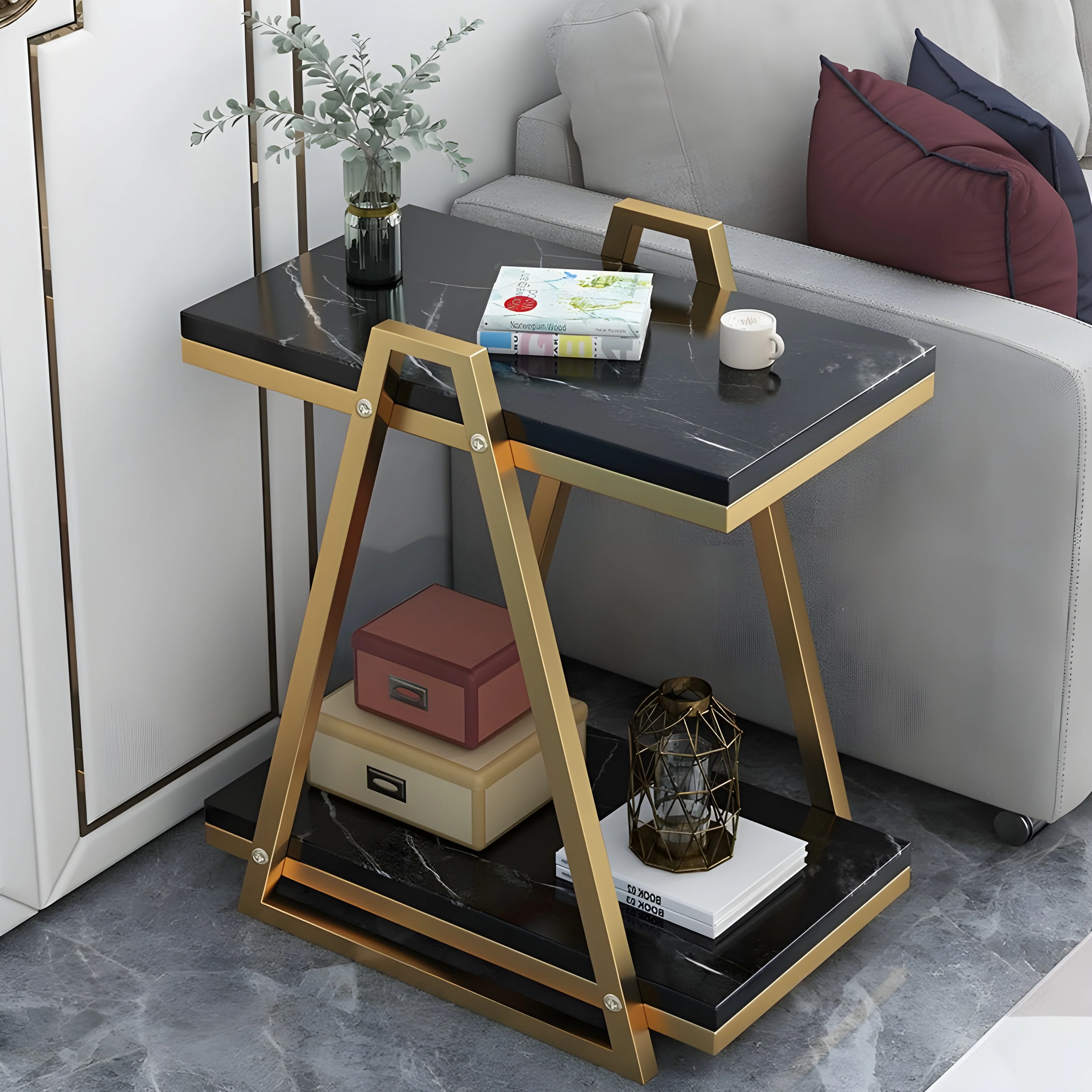Double Side Coffee Table with Storage Made of Iron and Marble