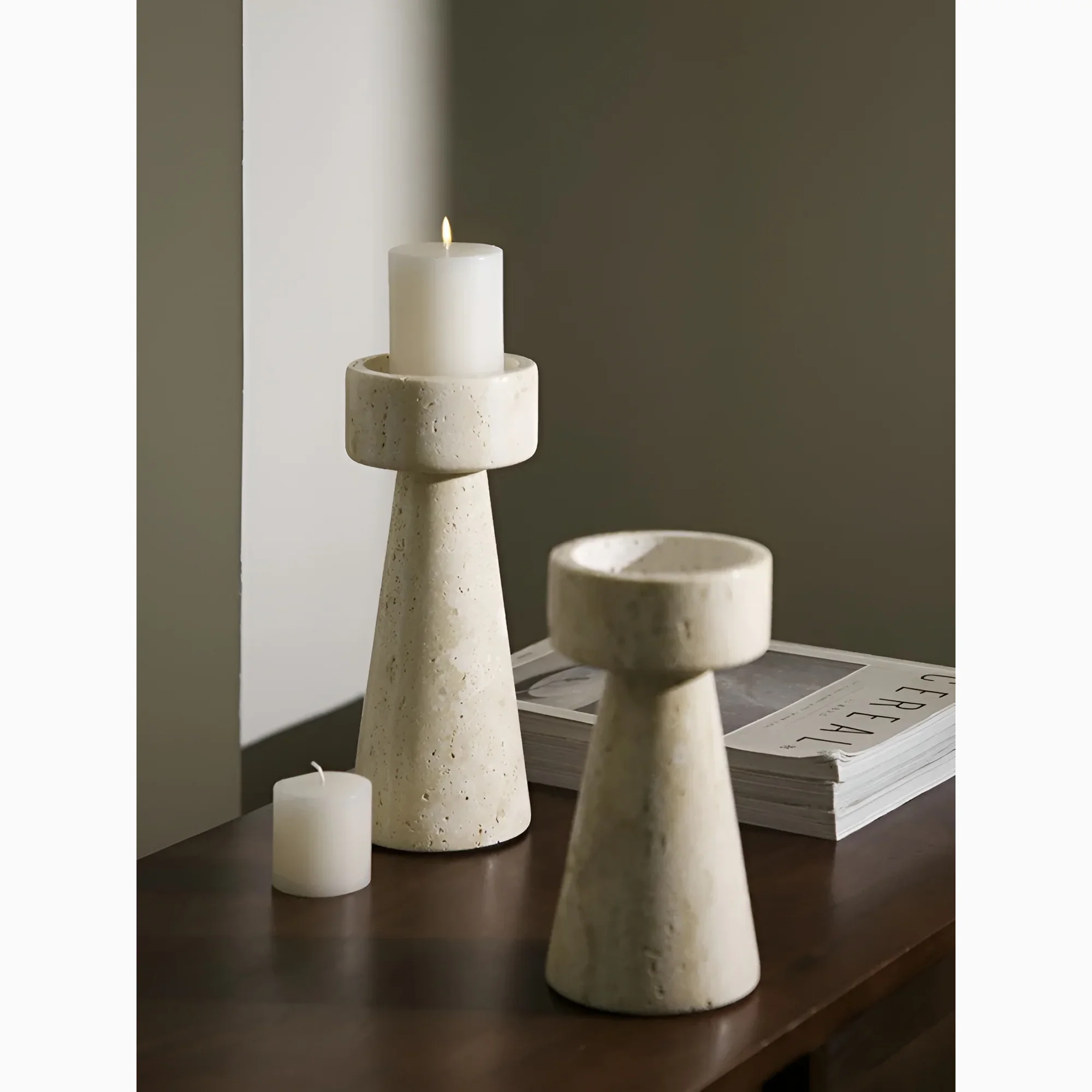 Minimalistic Beige Travertine Stone Candle Holder for Dining Room, Living Room