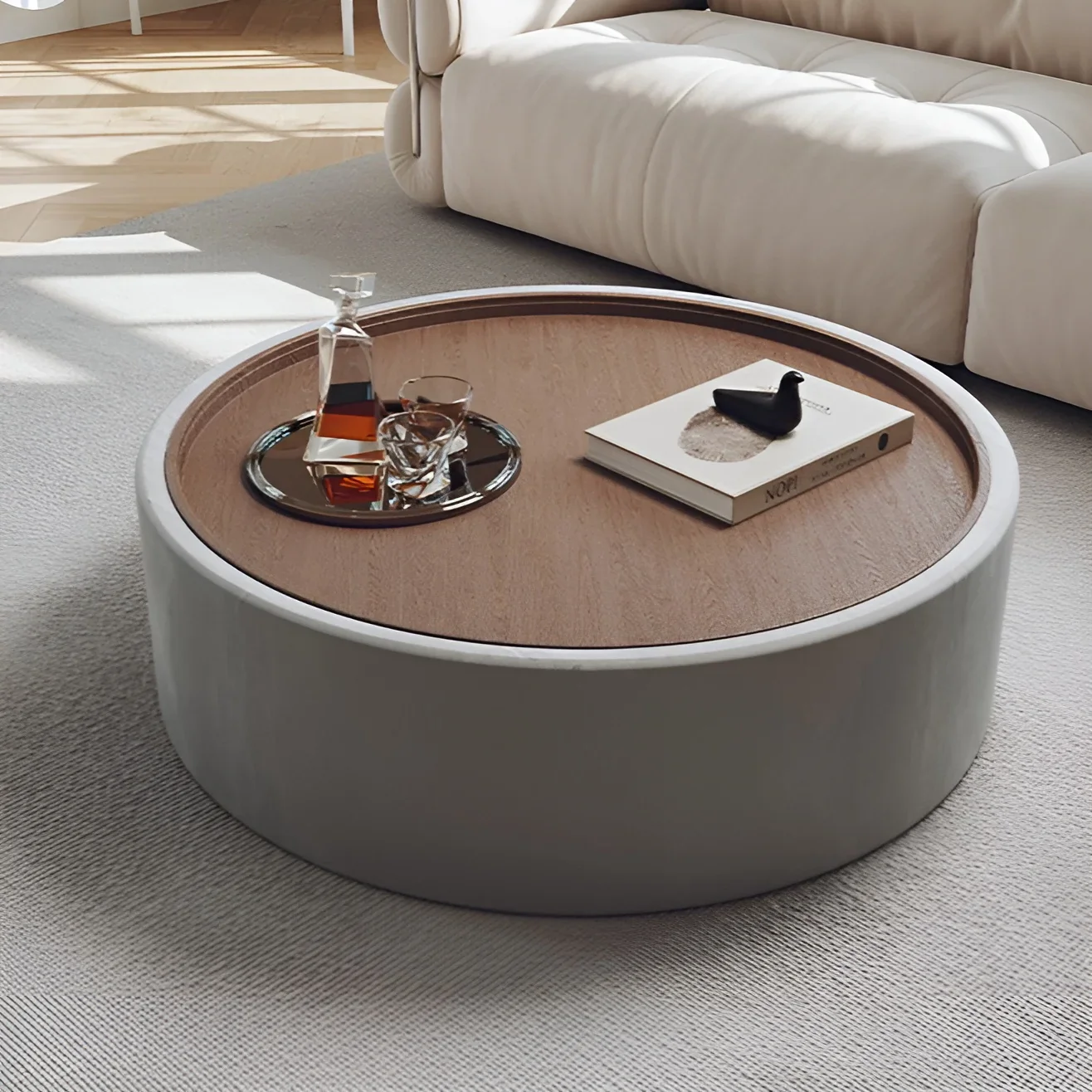 Modern Round Coffee Table with Storage �C Walnut Veneer & Italian Sanded Fabric