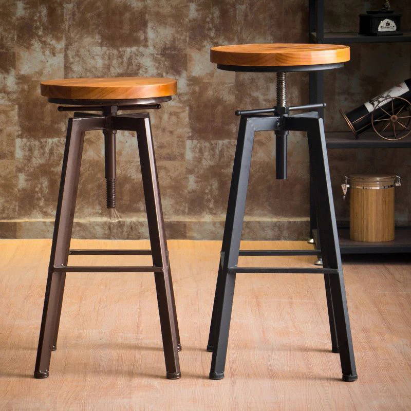 Industrial-Styled Iron Rotating and Lifting Bar Stool Made of Solid Wood