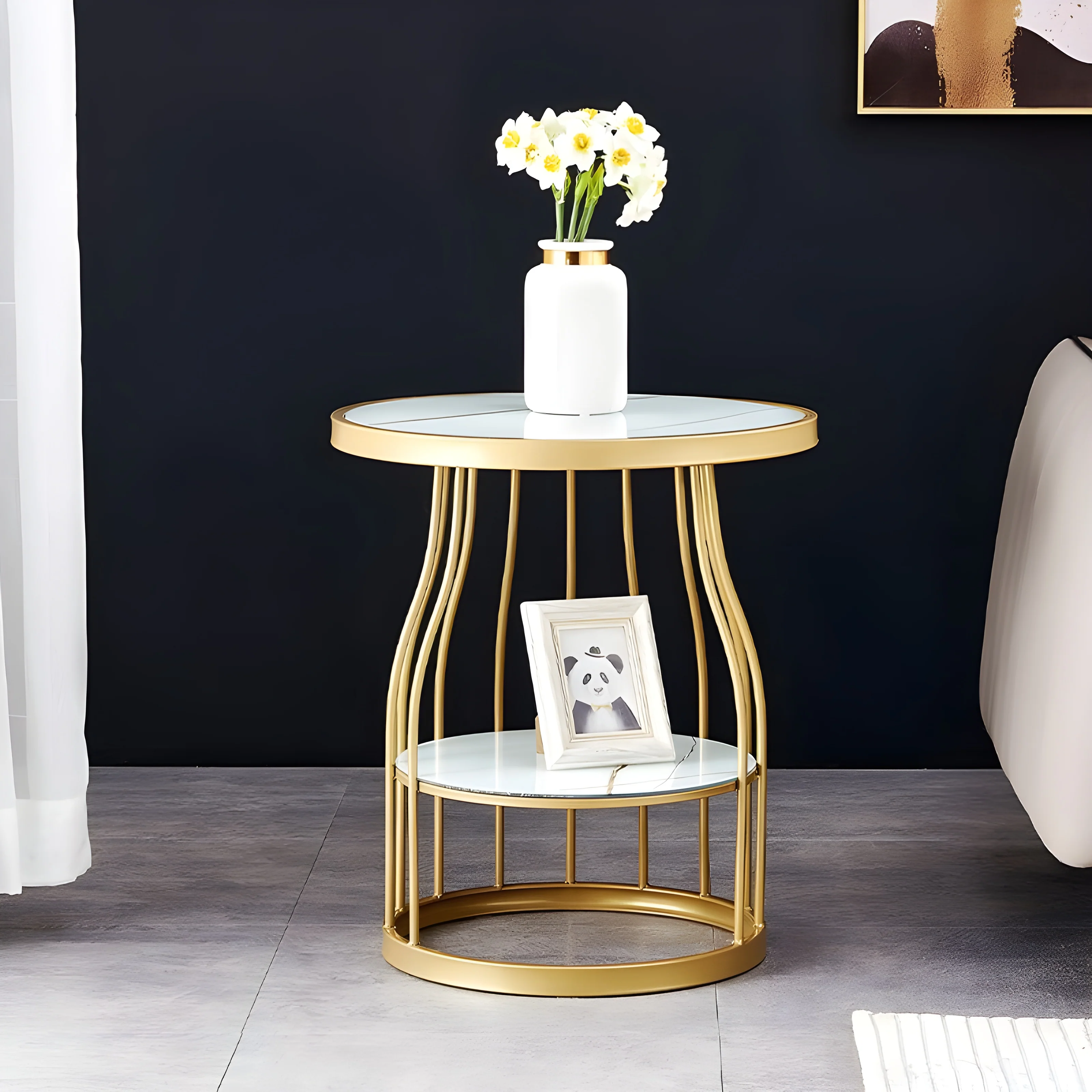 Luxury Tempered Glass Small Side Table with Iron Legs