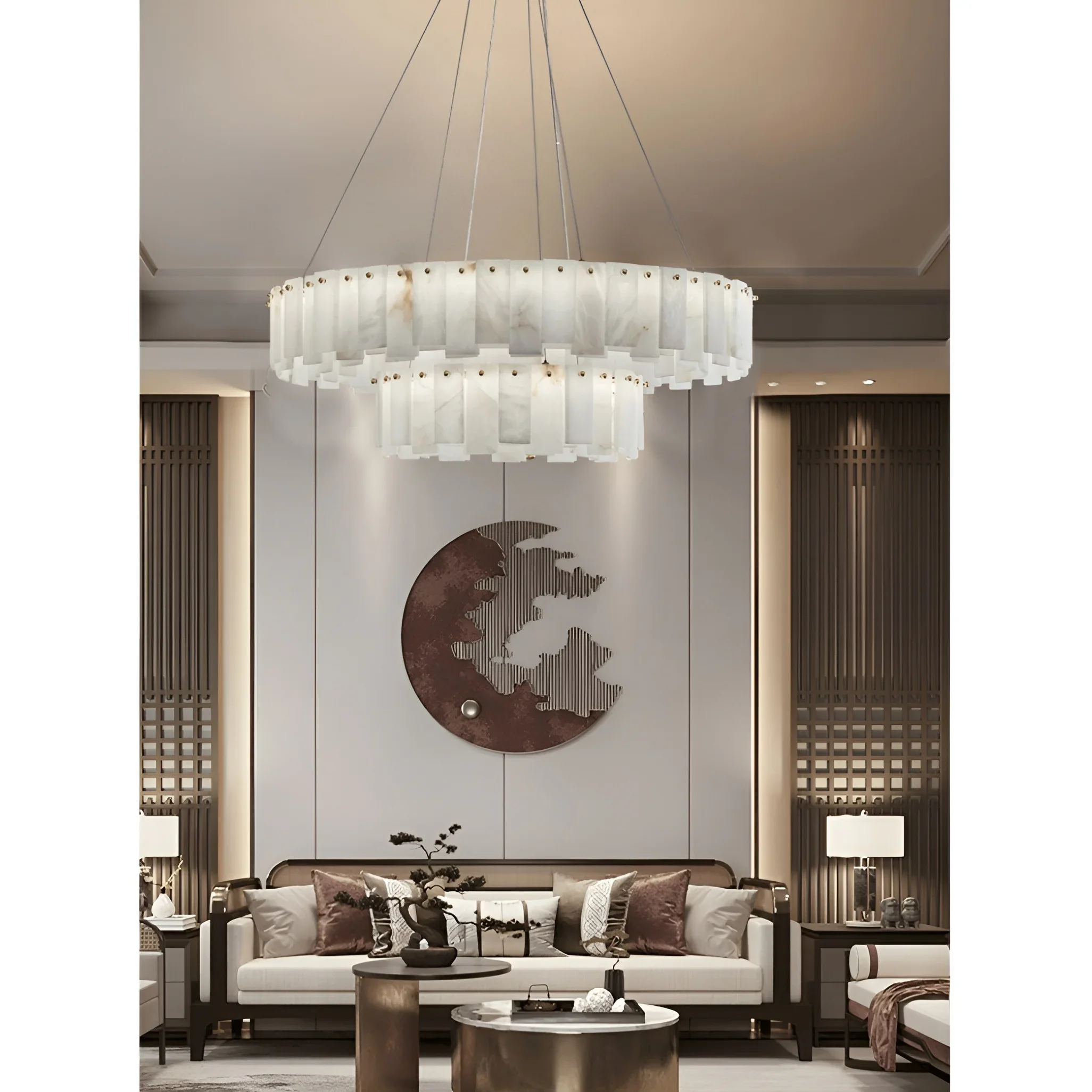 Cloudstone Marble Round Chandelier -  Elegance in Natural Stone and Copper