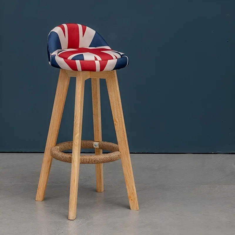 Retro-Styled Rotating High Bar Stool Made of Solid Wood