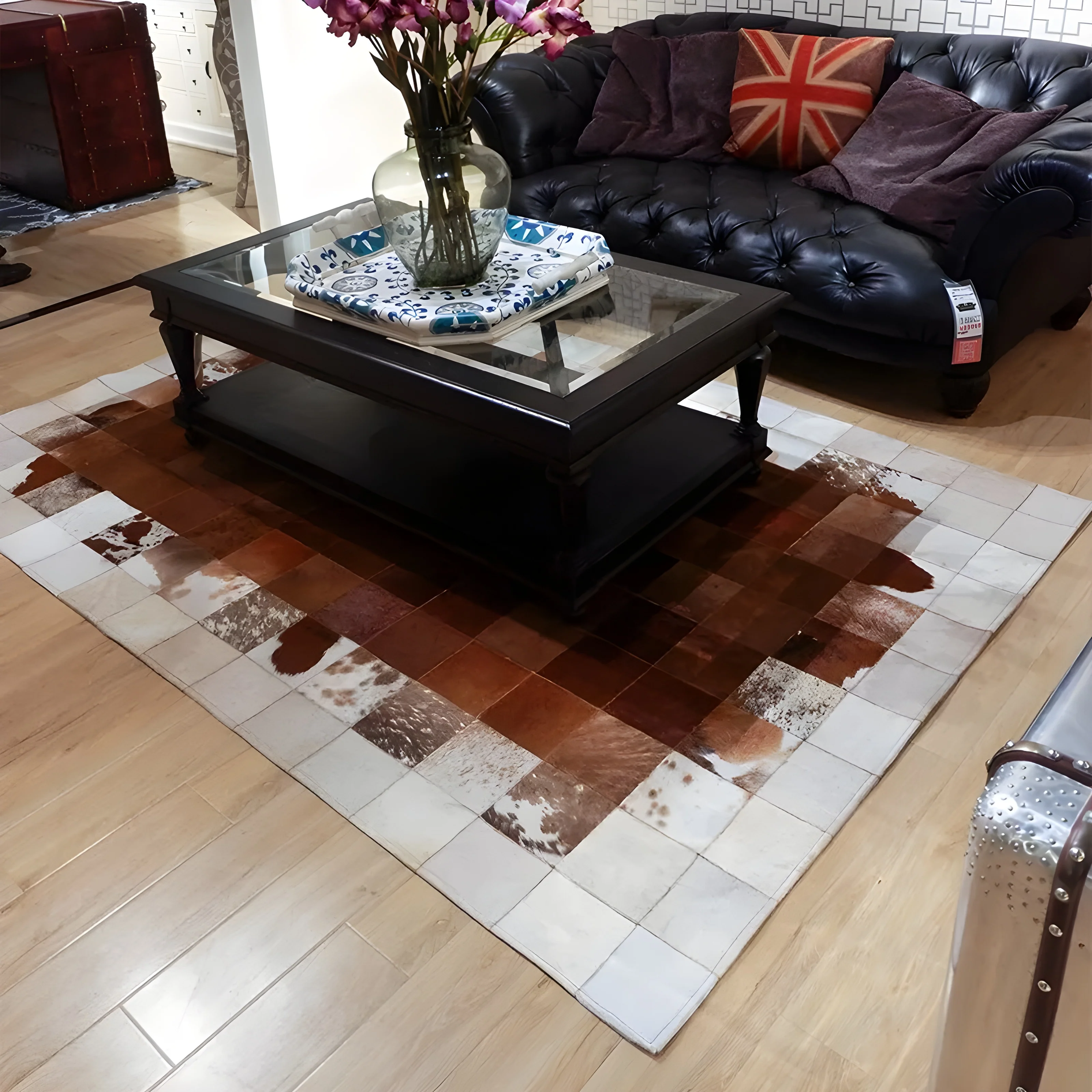 White and Brown Cowhide Rectangular Carpet for Parlor