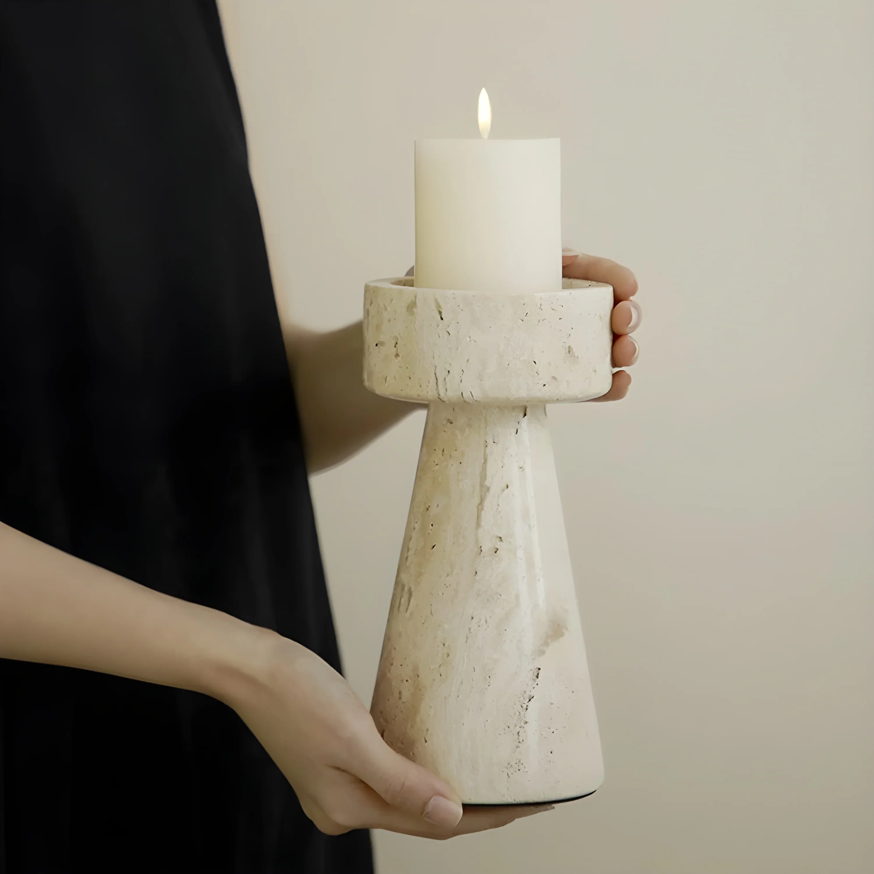Minimalistic Beige Travertine Stone Candle Holder for Dining Room, Living Room