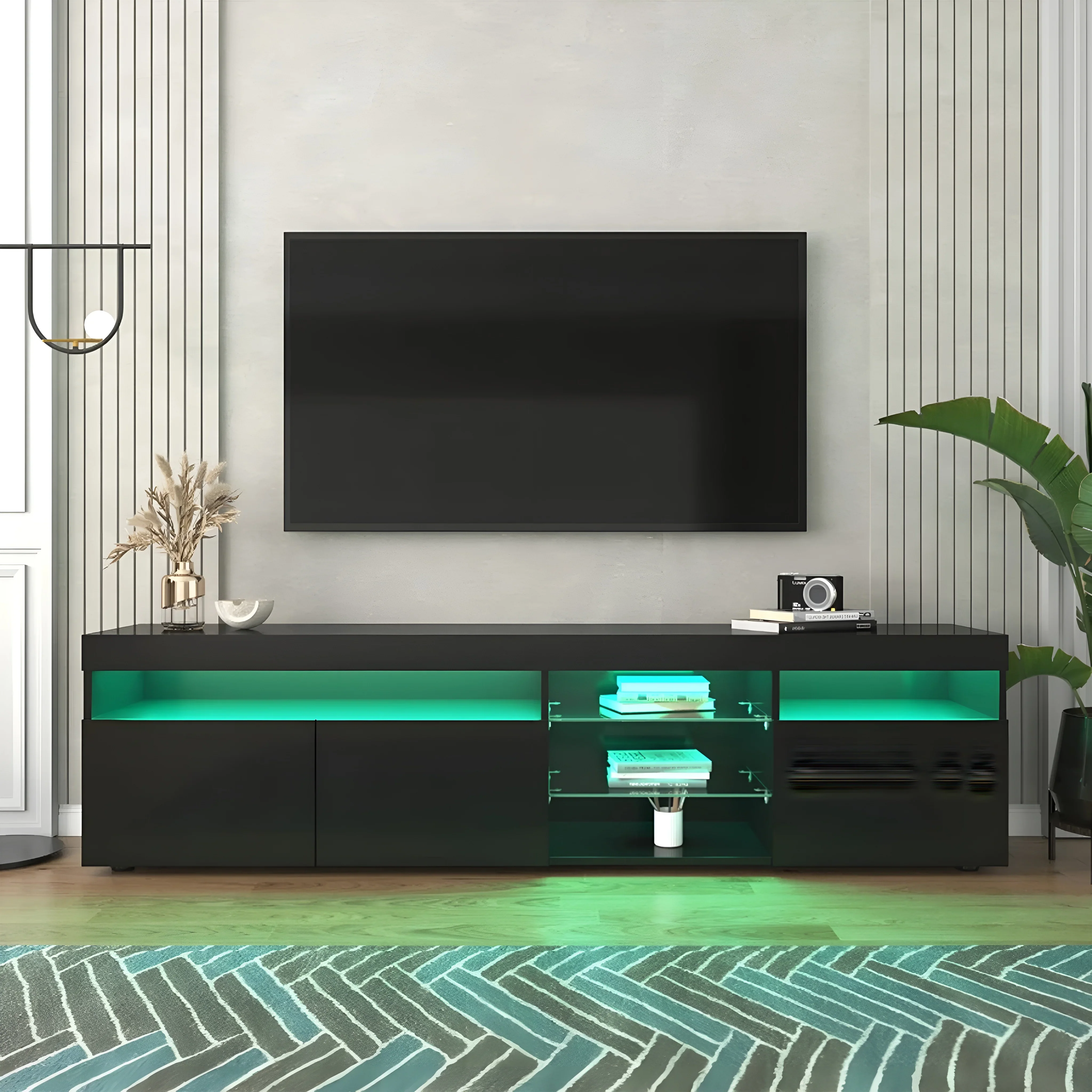 Shannon | Black/White Minimalistic TV Stand with Glass Shelves