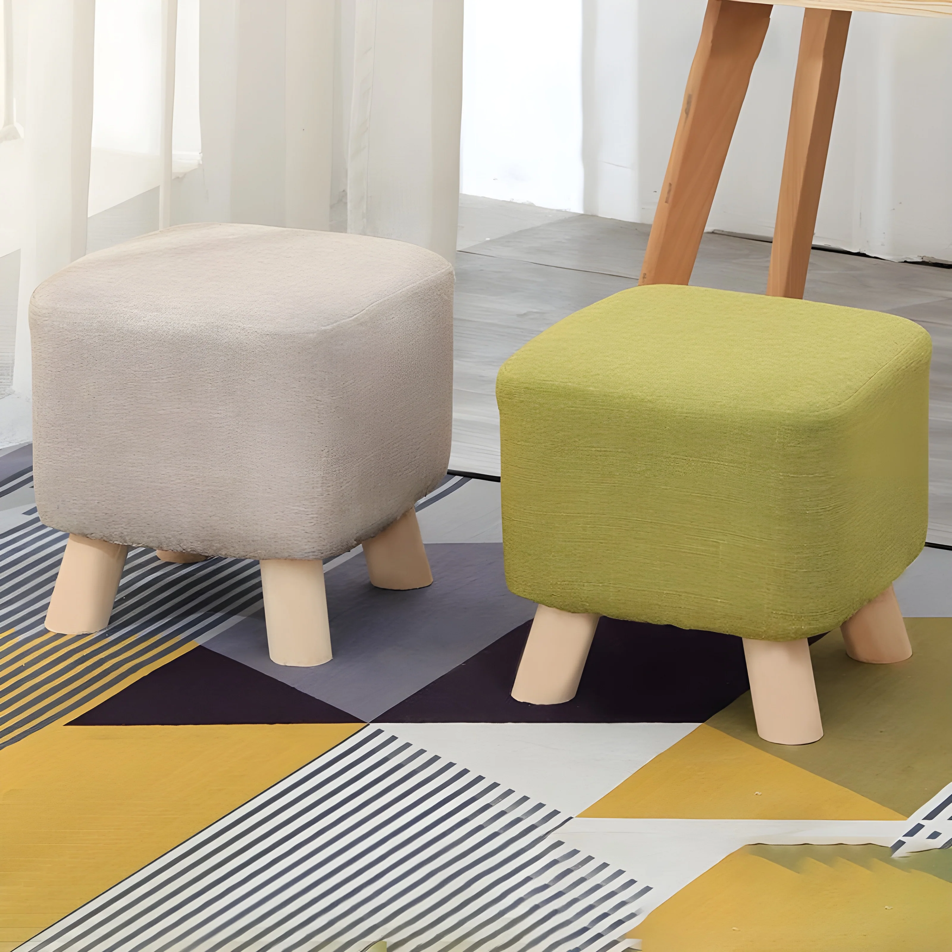 Square Round Modern Ottoman Made of Solid Wood