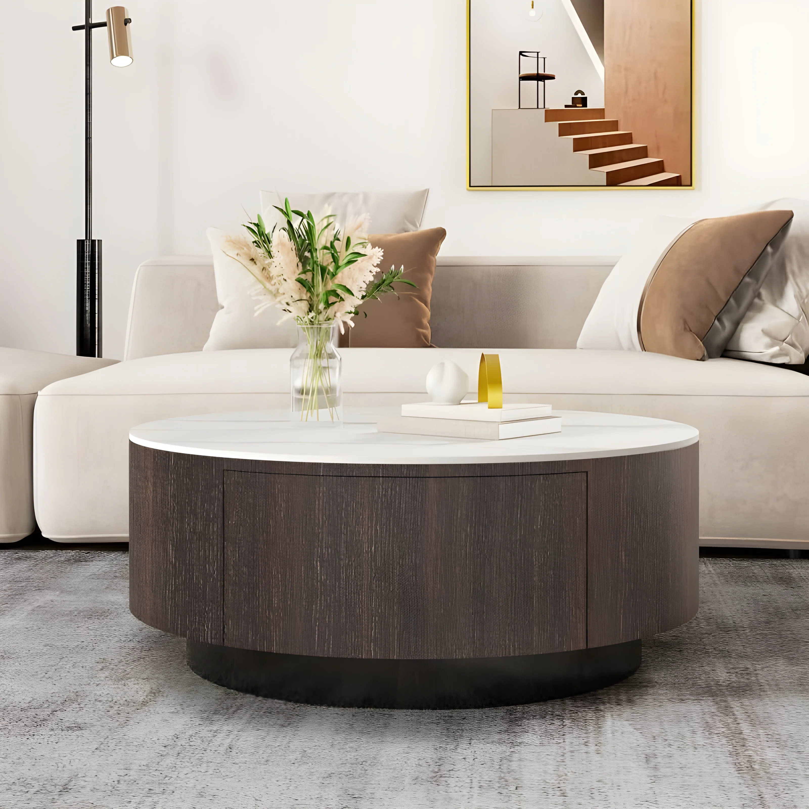 Modern Round Drum Coffee Table with Solid Wood Drawers