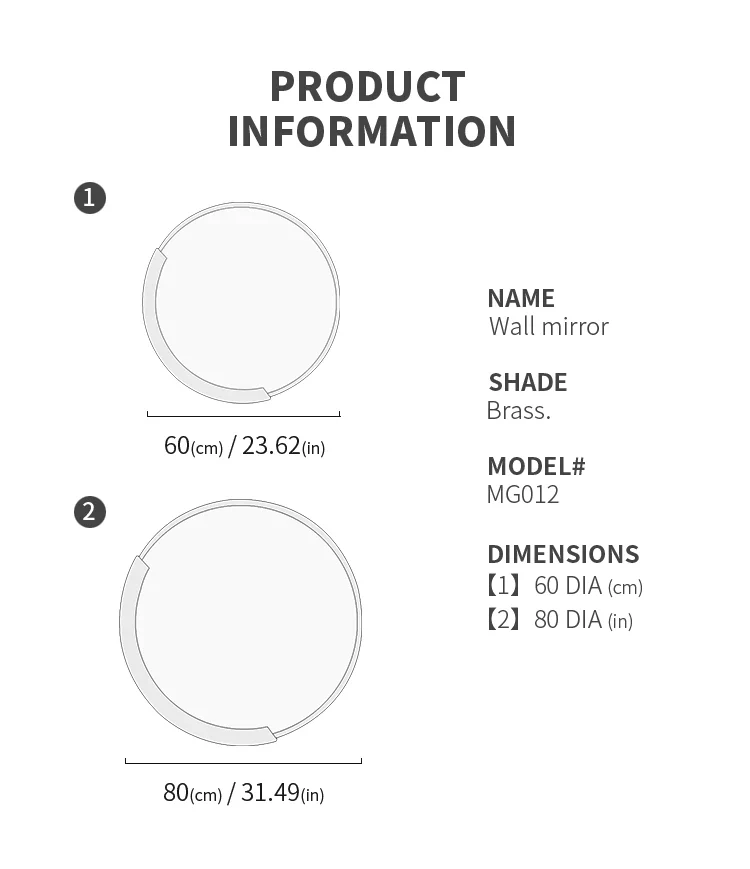 Modern Round Solid Brass Large Bathroom Mirror