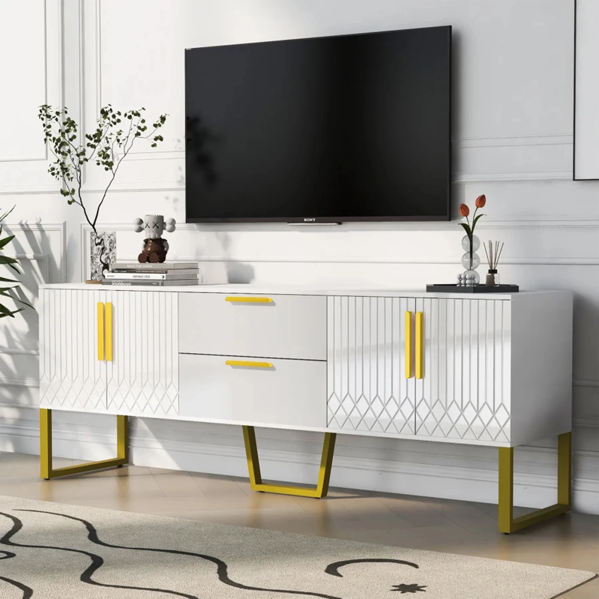 Vah | Elegant Black/White TV Stand with Metal Frame