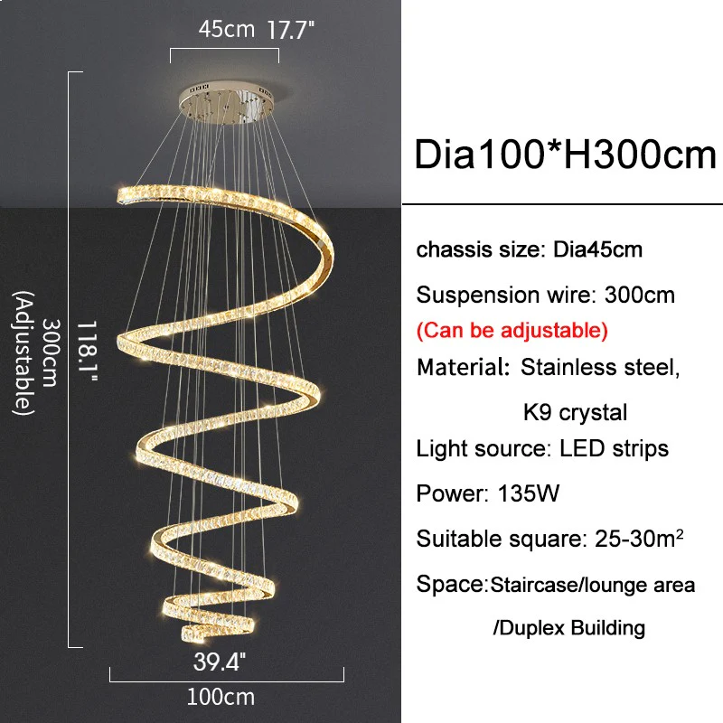 La Penne | Long Spiral Hanging Crystal Golden Chandelier Dia100