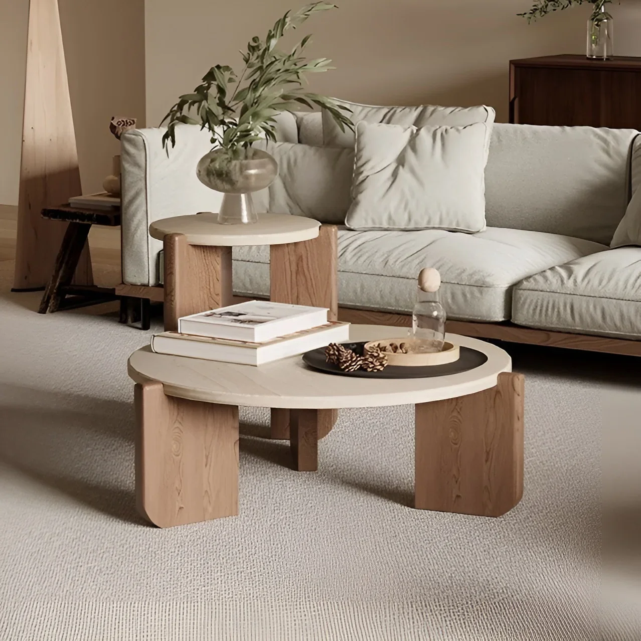 Travertine Round Coffee Table - Natural Stone & Solid Wood Base