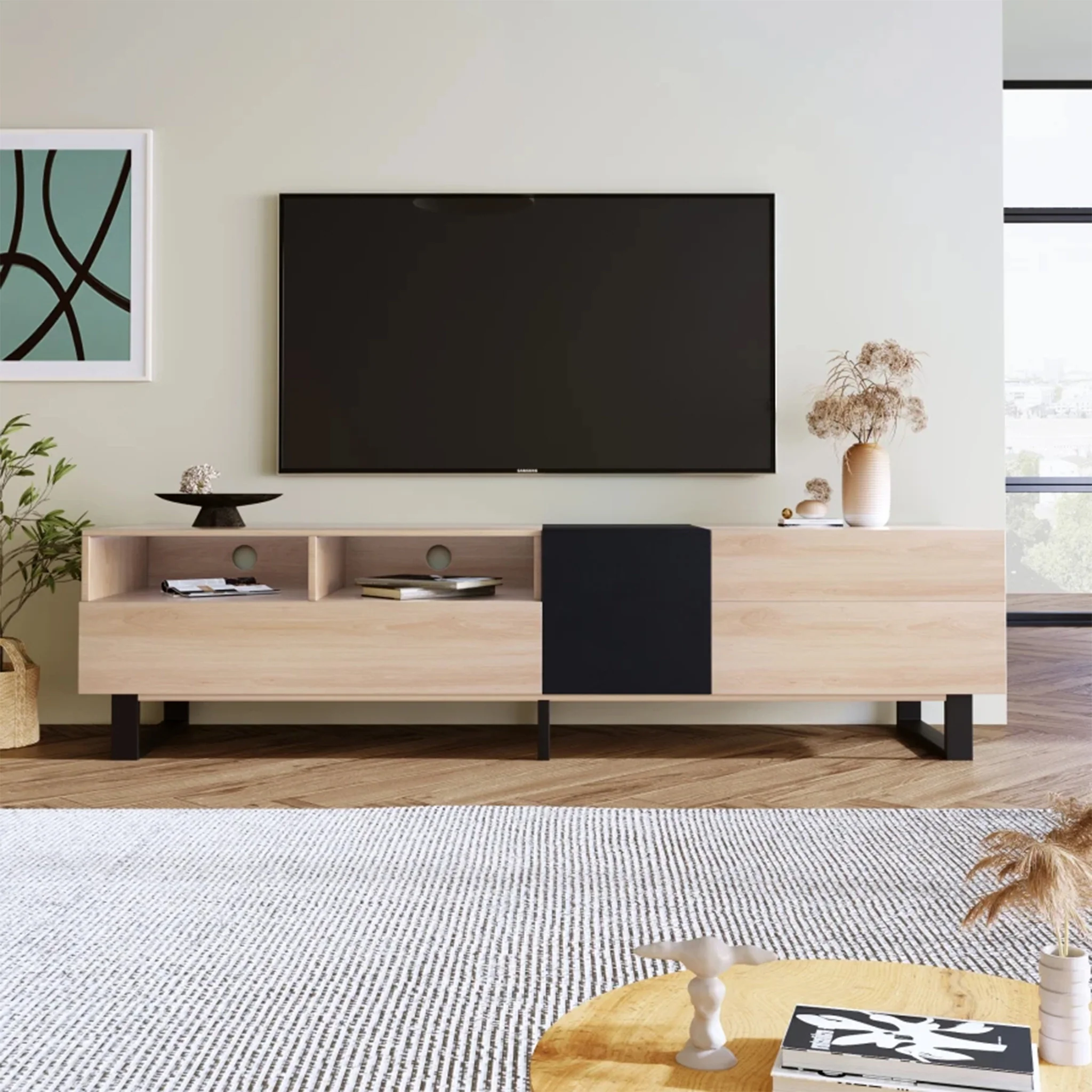 Weser | Light Wood TV Stand with Drop Down Door