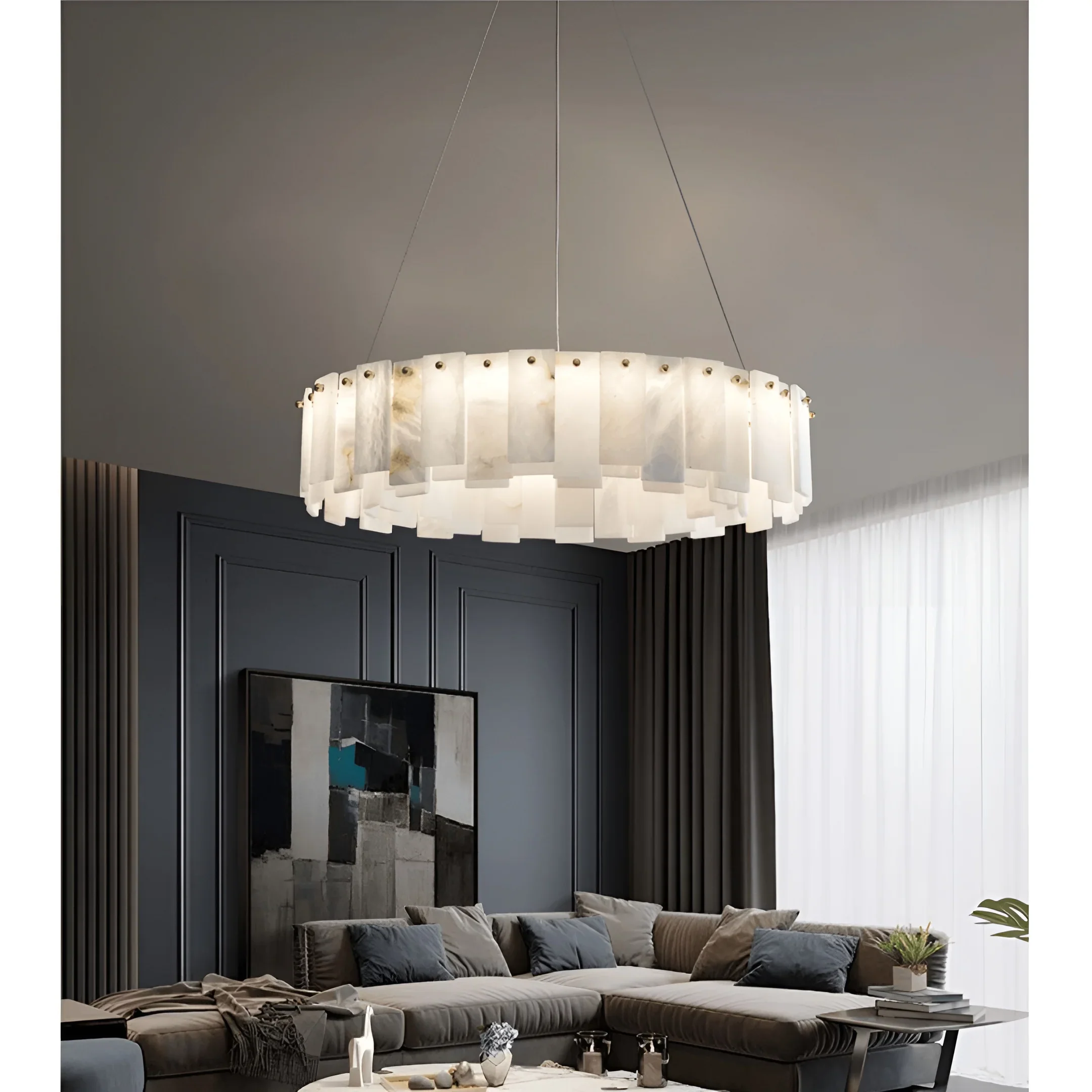 Cloudstone Marble Round Chandelier -  Elegance in Natural Stone and Copper