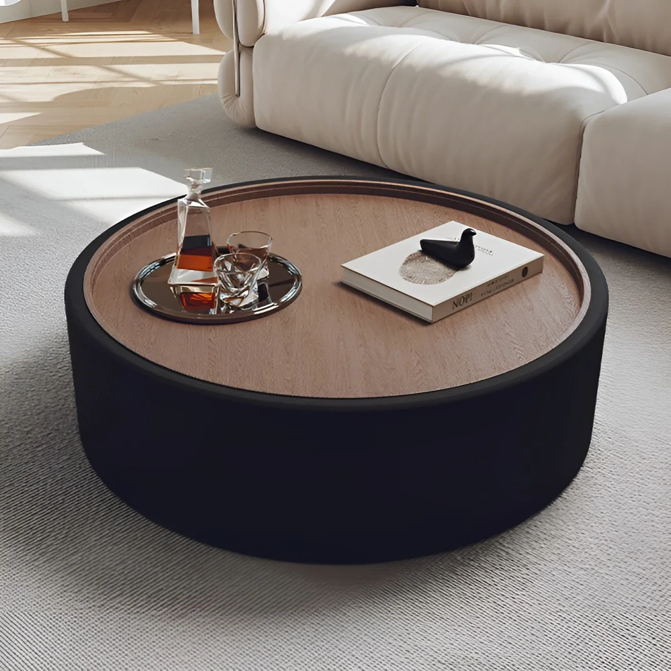 Modern Round Coffee Table with Storage �C Walnut Veneer & Italian Sanded Fabric