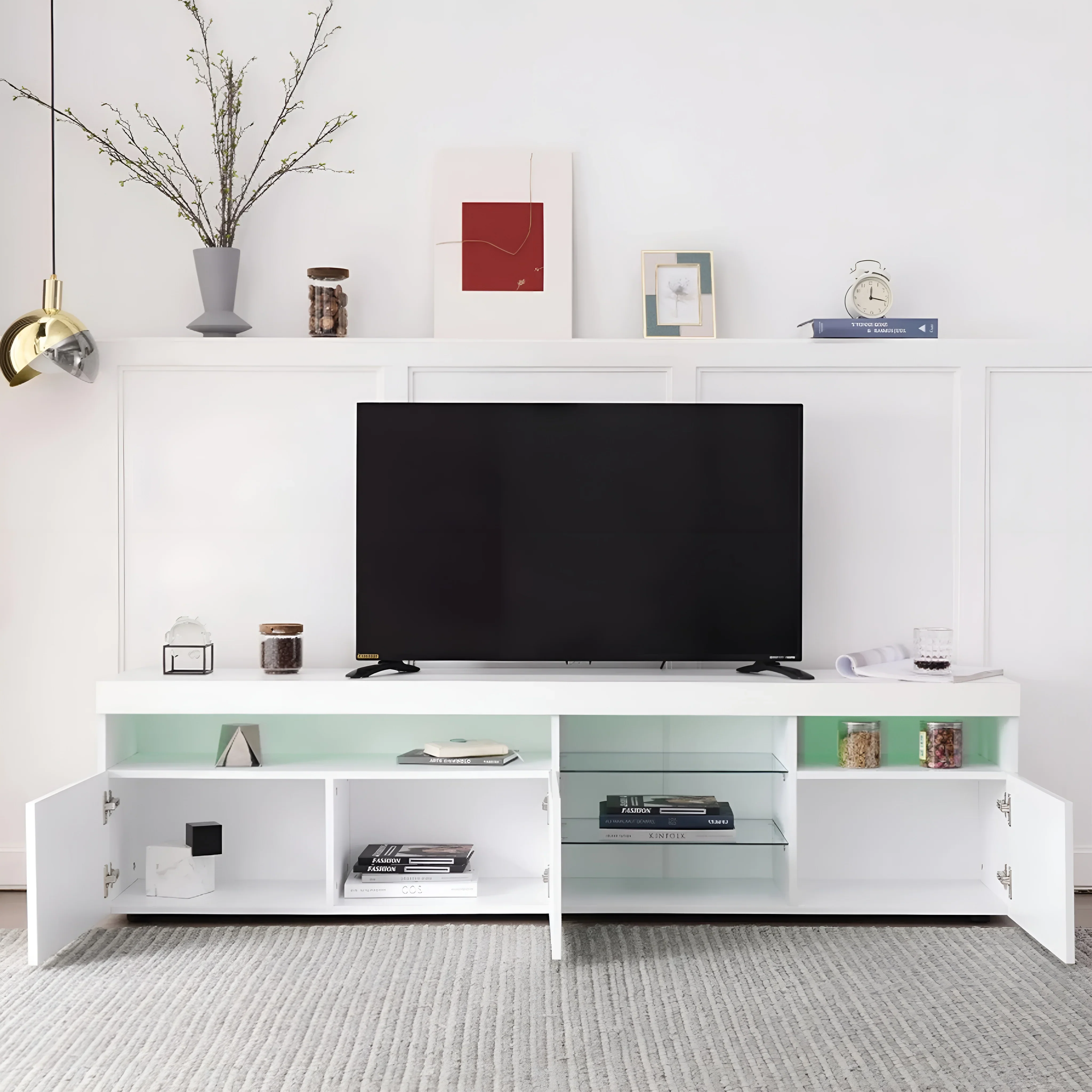 Shannon | Black/White Minimalistic TV Stand with Glass Shelves