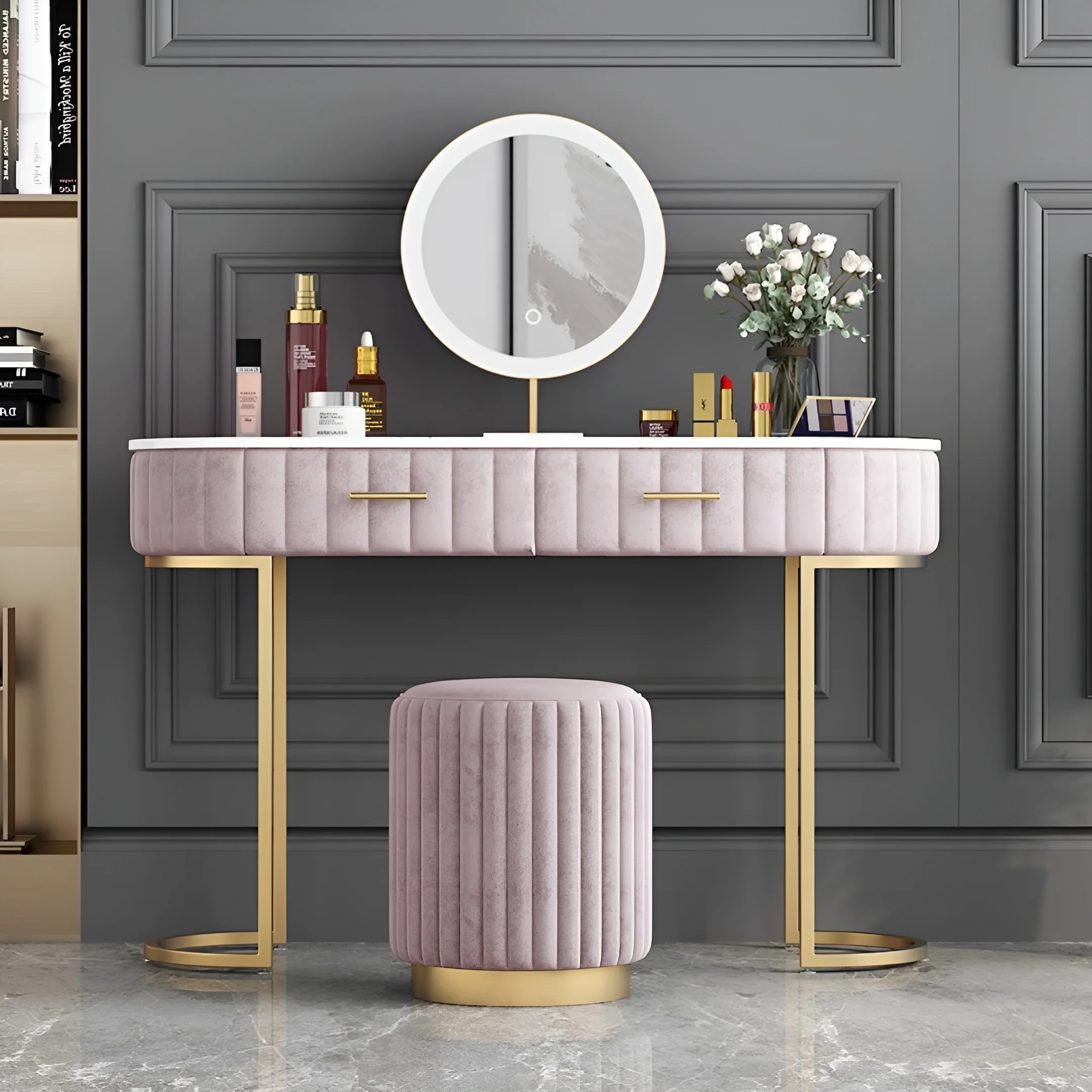 Nordic Vanity Stool �C Modern Leather & Fleece Makeup Chair