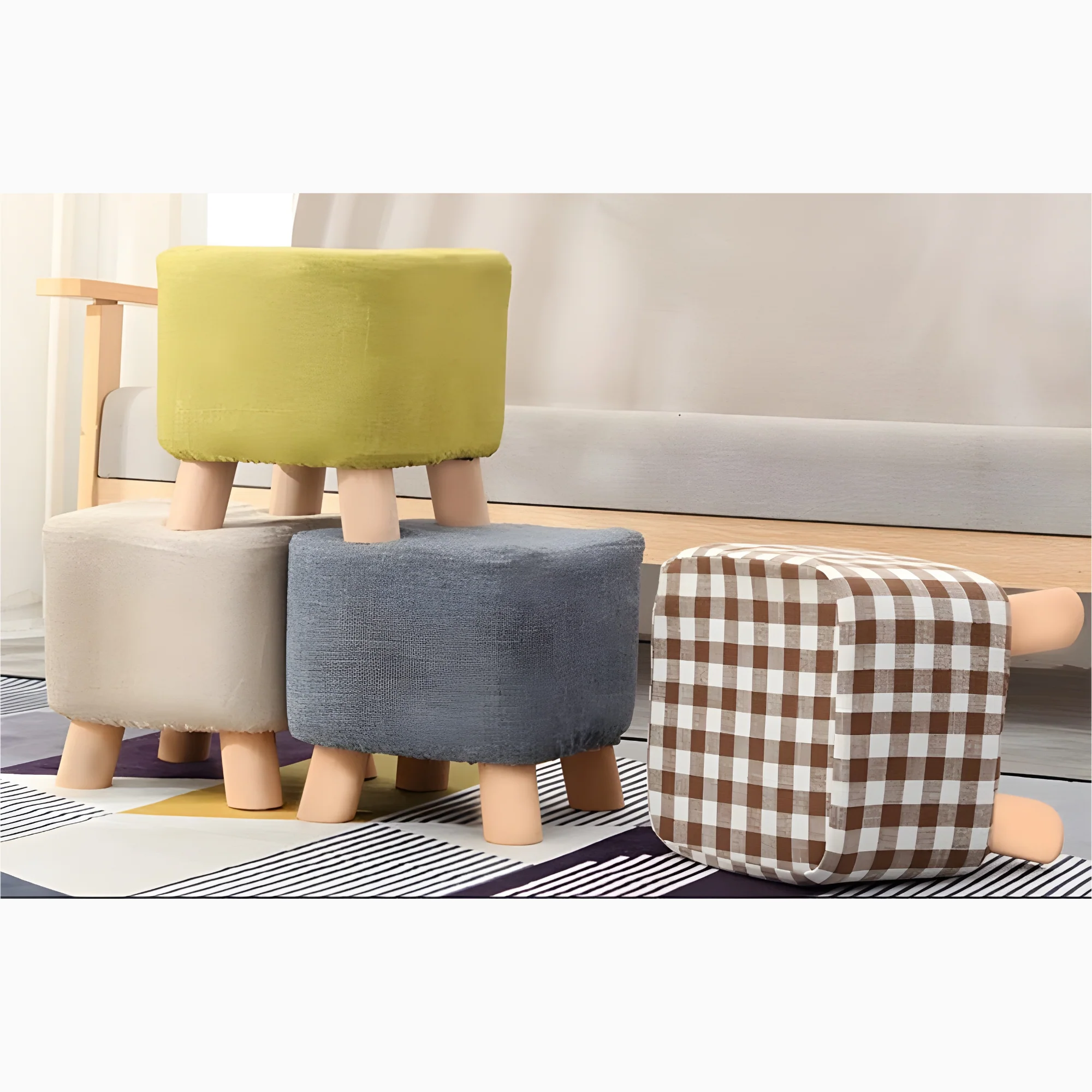 Square Round Modern Ottoman Made of Solid Wood