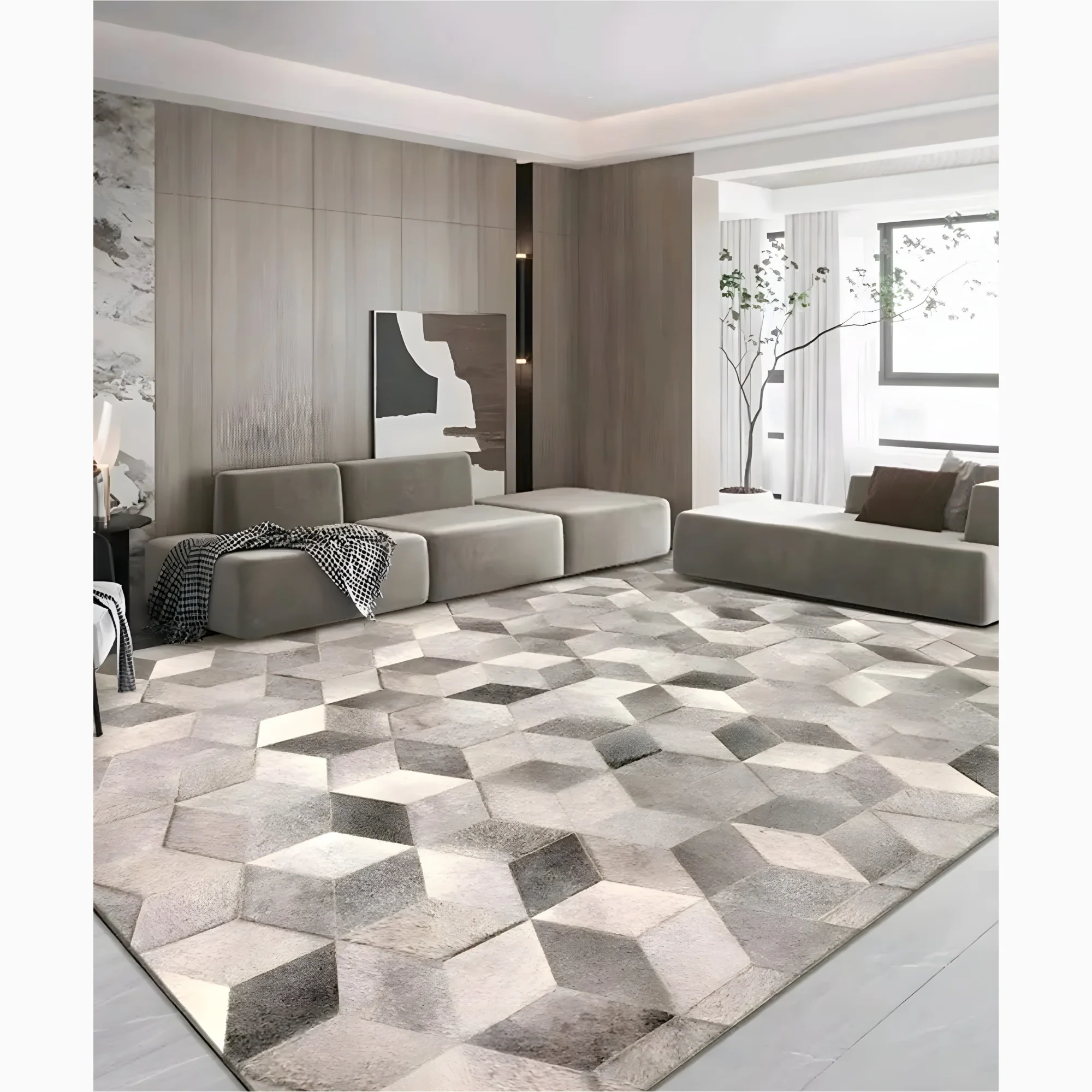 Stylish Grey Cowhide Carpet with Geometric Pattern