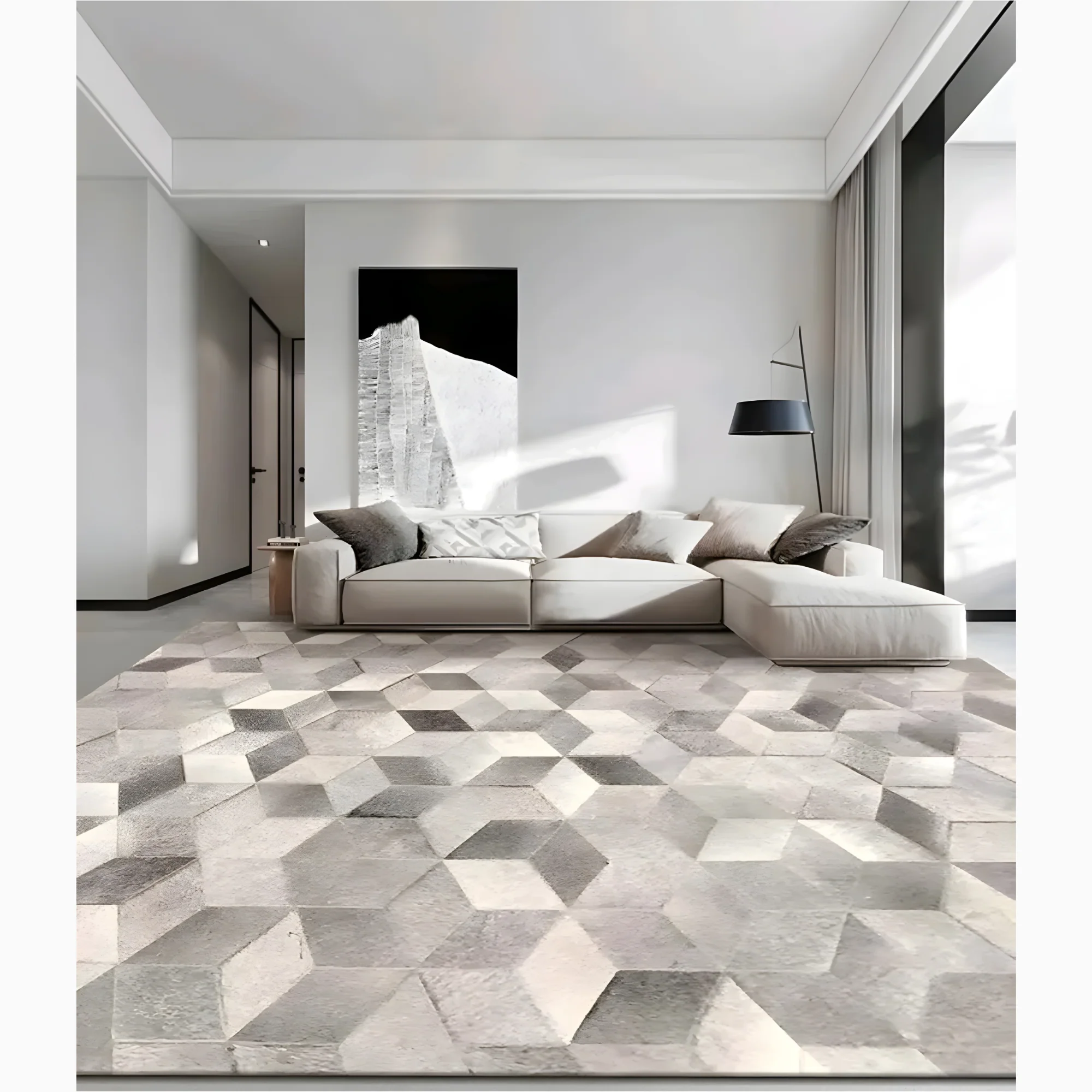 Stylish Grey Cowhide Carpet with Geometric Pattern