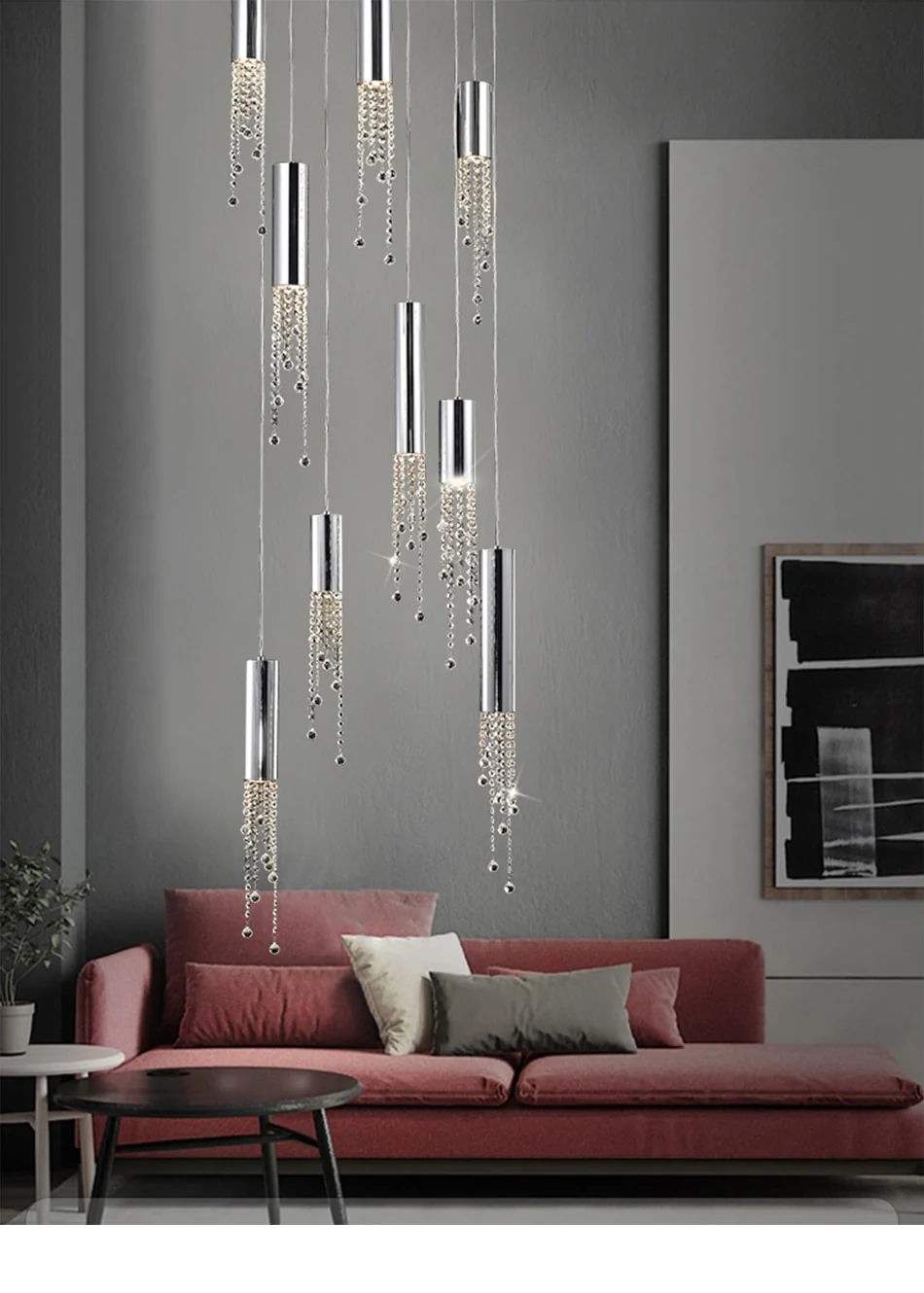 5 Lights - Hanging crystal light fixture for lobby, staircase, loft, stairwell