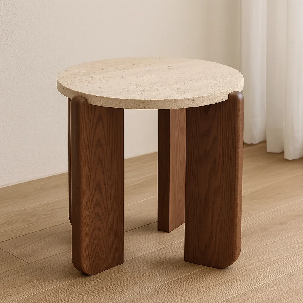 Travertine Round Coffee Table - Natural Stone & Solid Wood Base