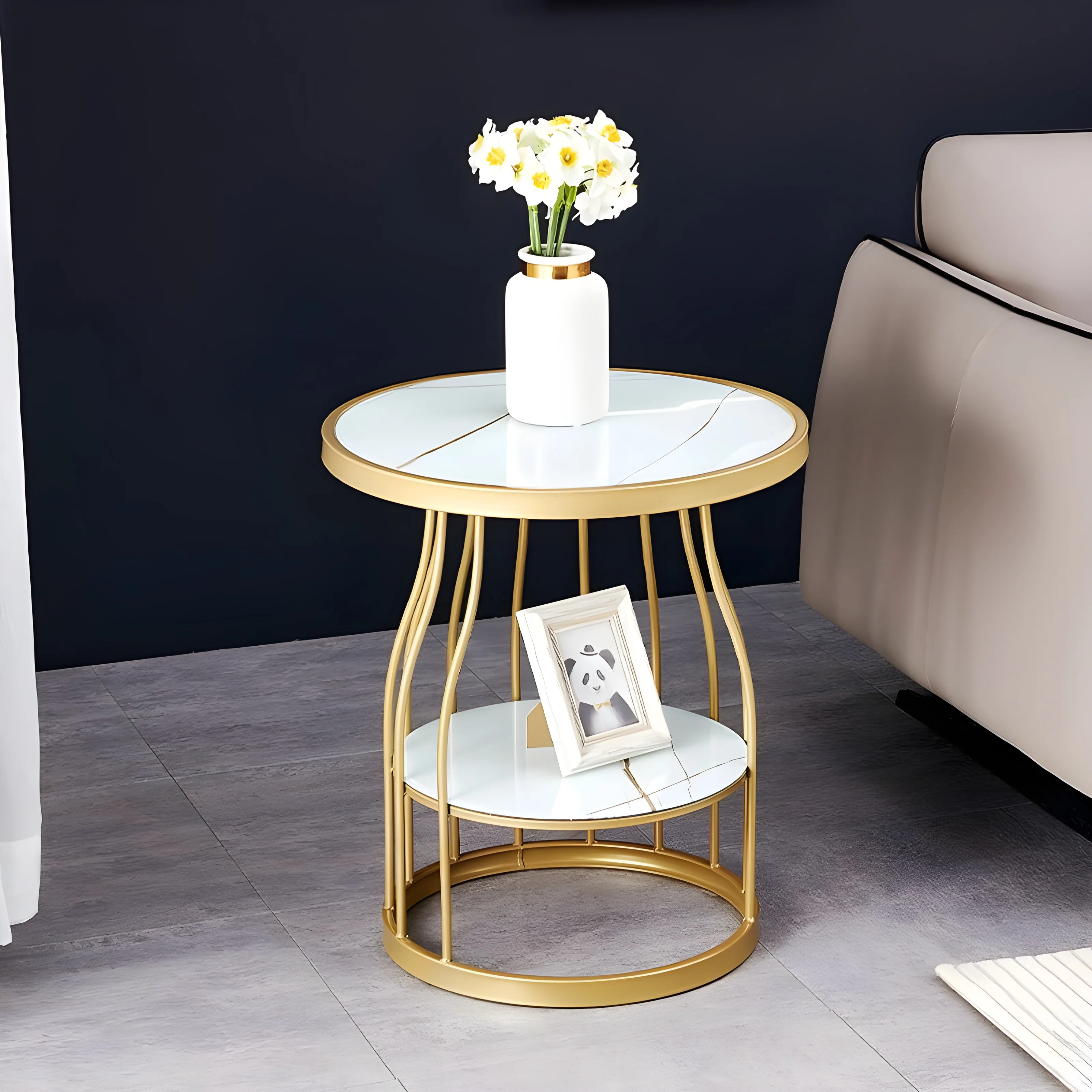 Luxury Tempered Glass Small Side Table with Iron Legs