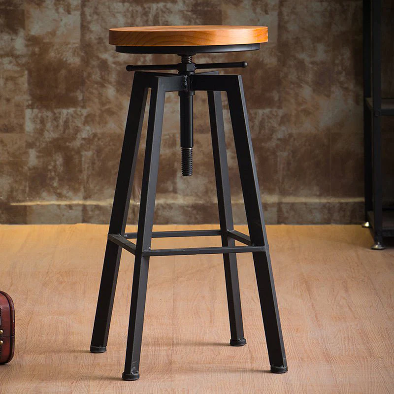 Industrial-Styled Iron Rotating and Lifting Bar Stool Made of Solid Wood