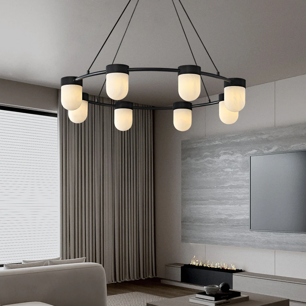 Art Deco Style Circle Chandelier with Alabaster Light