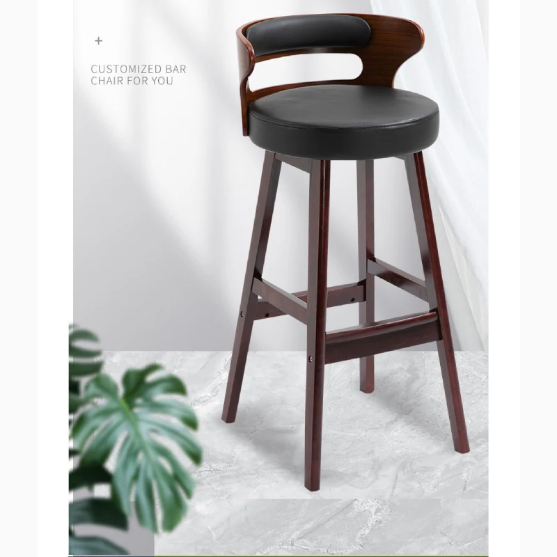 High-Leg Bar Stool with Backrest Made of Solid Wood