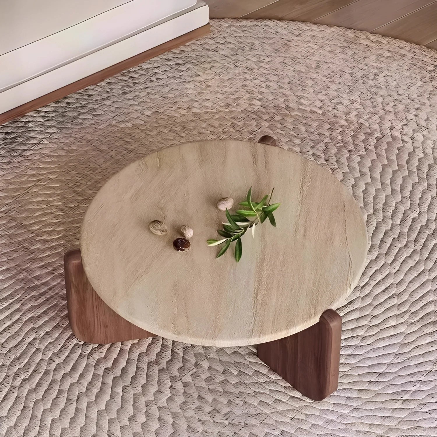 Travertine Round Coffee Table - Natural Stone & Solid Wood Base