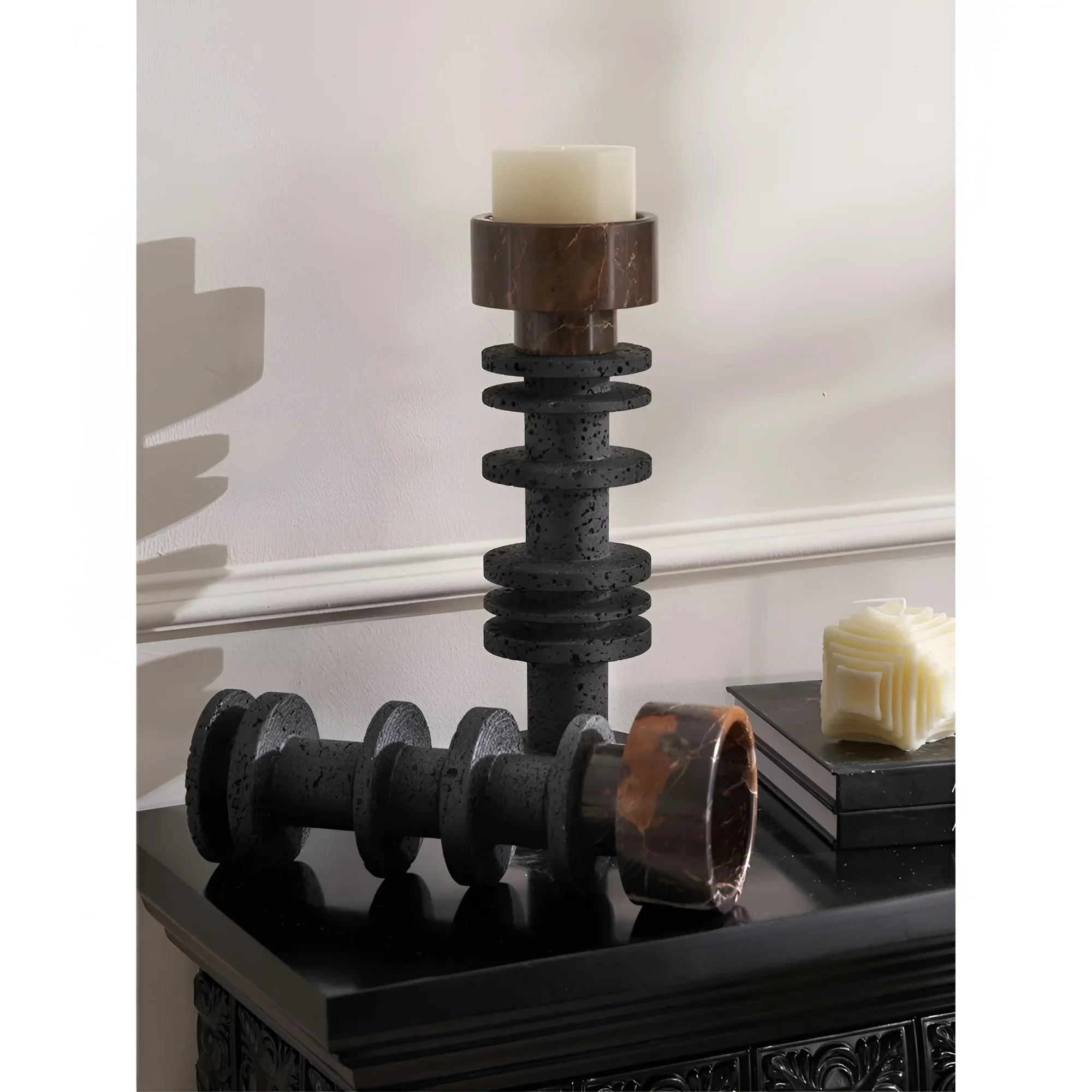 Large Pillar Candle Holder Made of Marble and Travertine Stone