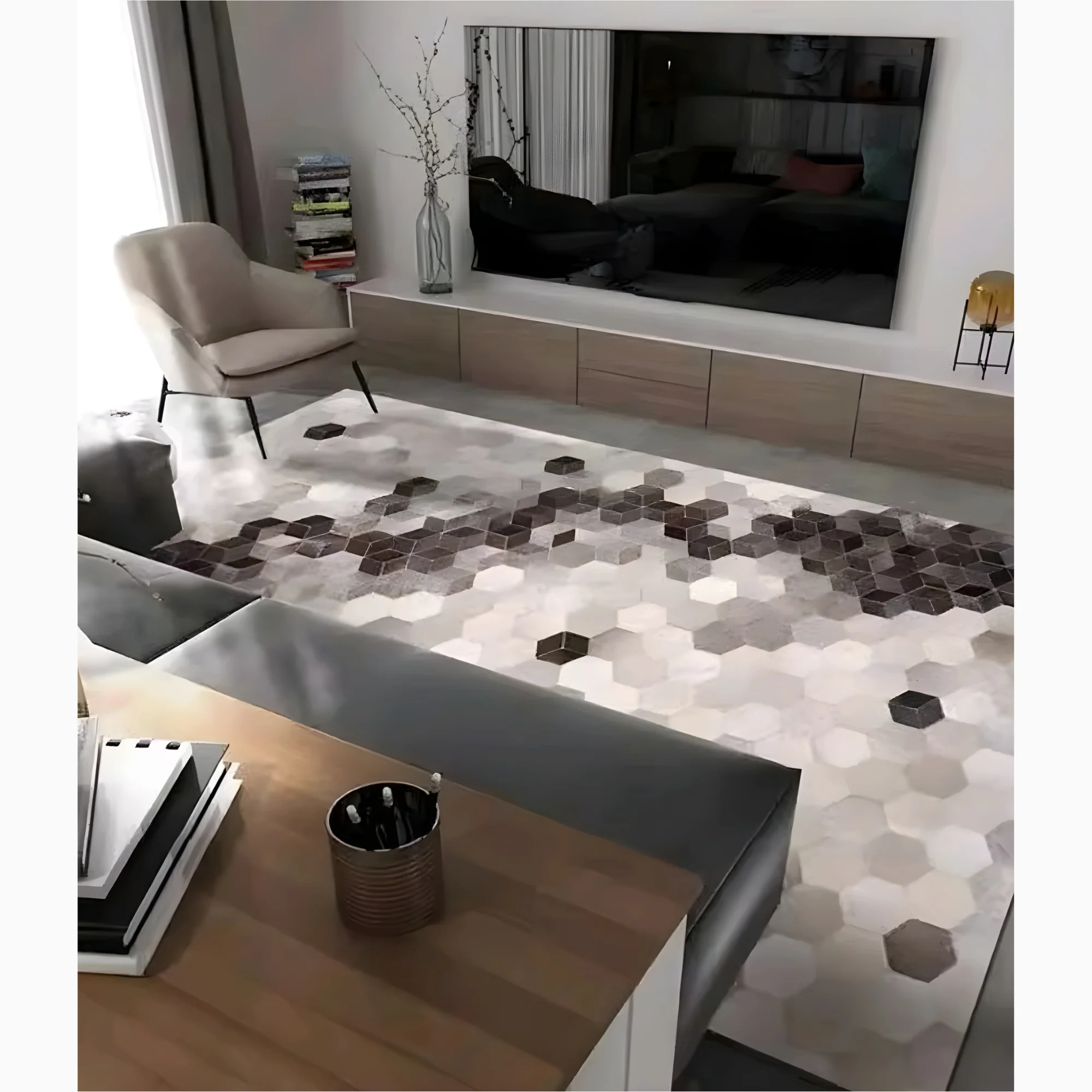 Creative Rectangular Cowhide Carpet with Hexagon Design