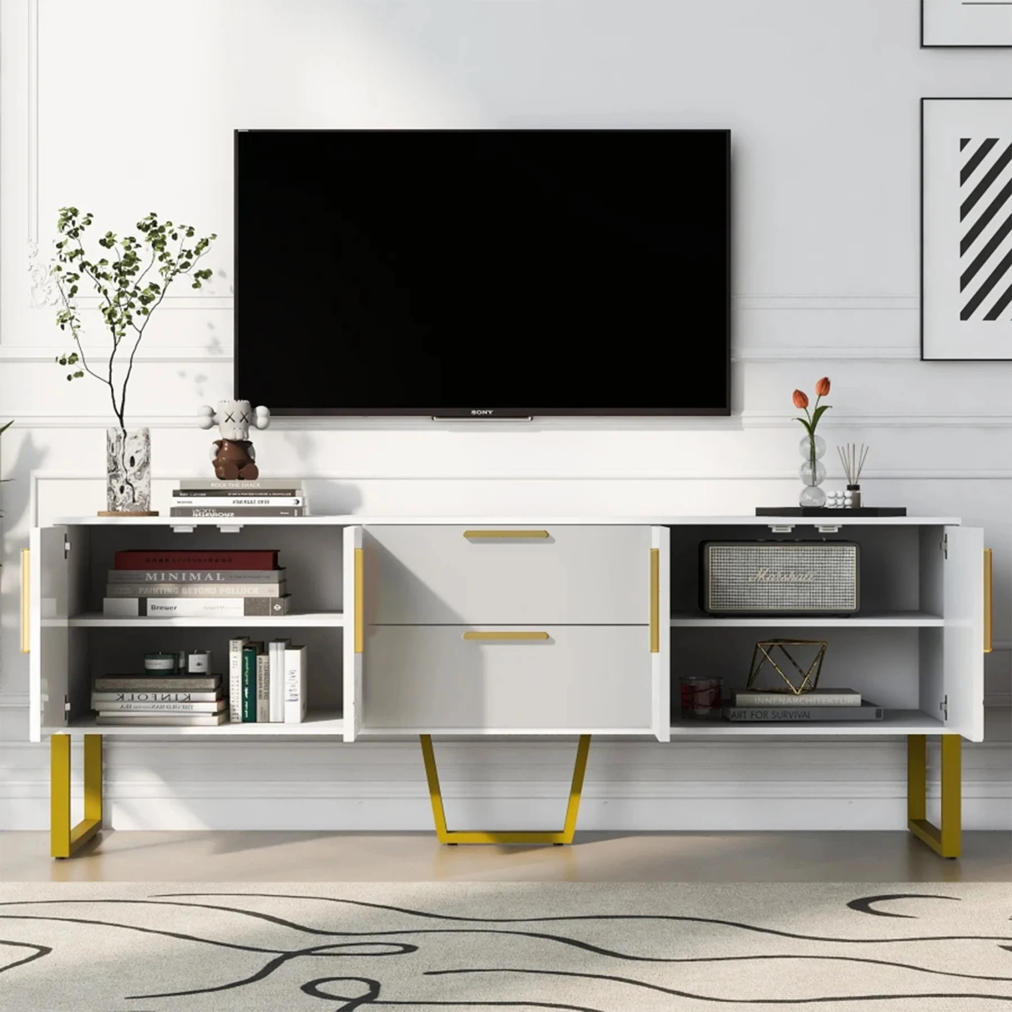 Vah | Elegant Black/White TV Stand with Metal Frame