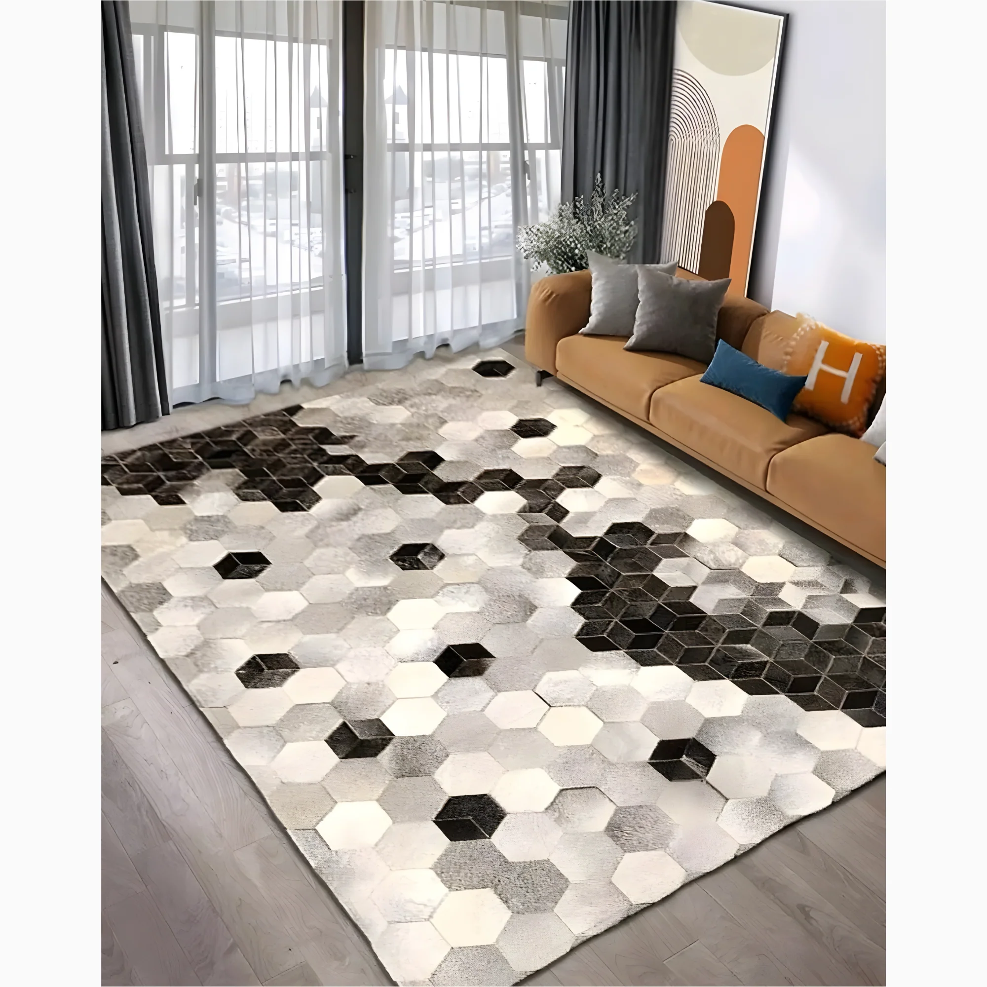 Creative Rectangular Cowhide Carpet with Hexagon Design