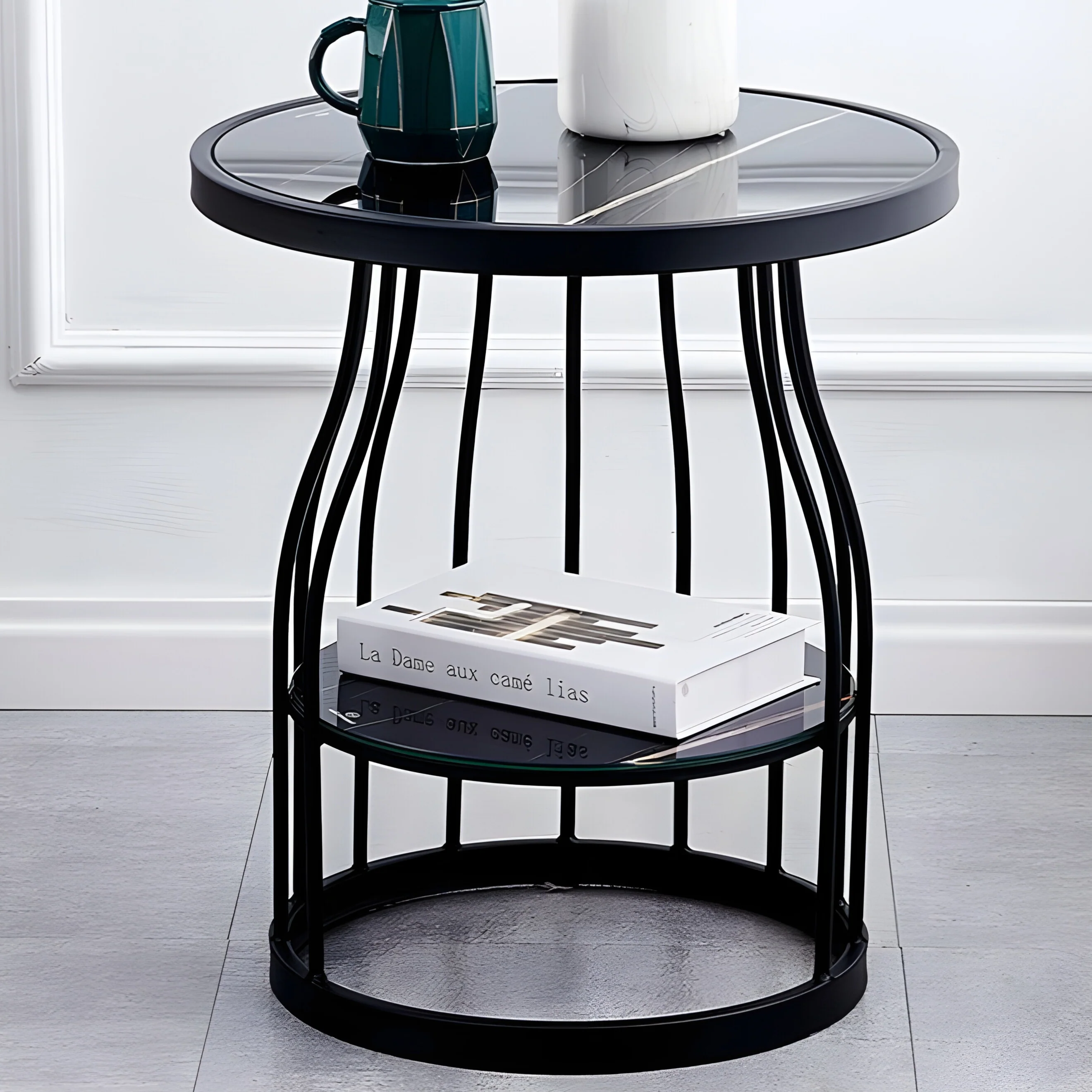 Luxury Tempered Glass Small Side Table with Iron Legs