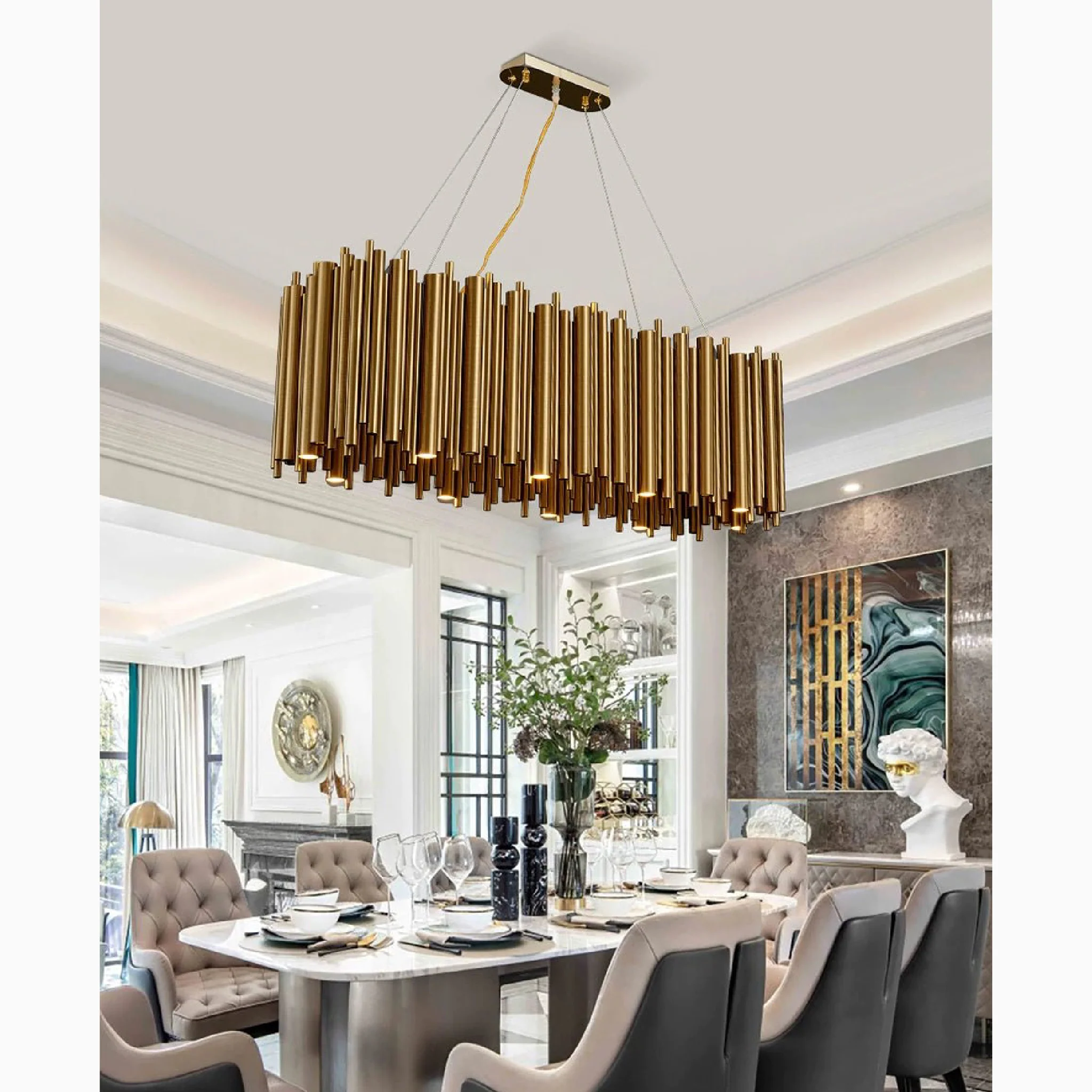 Fontan | Trendy Rectangle Gold Stainless Steel Chandelier